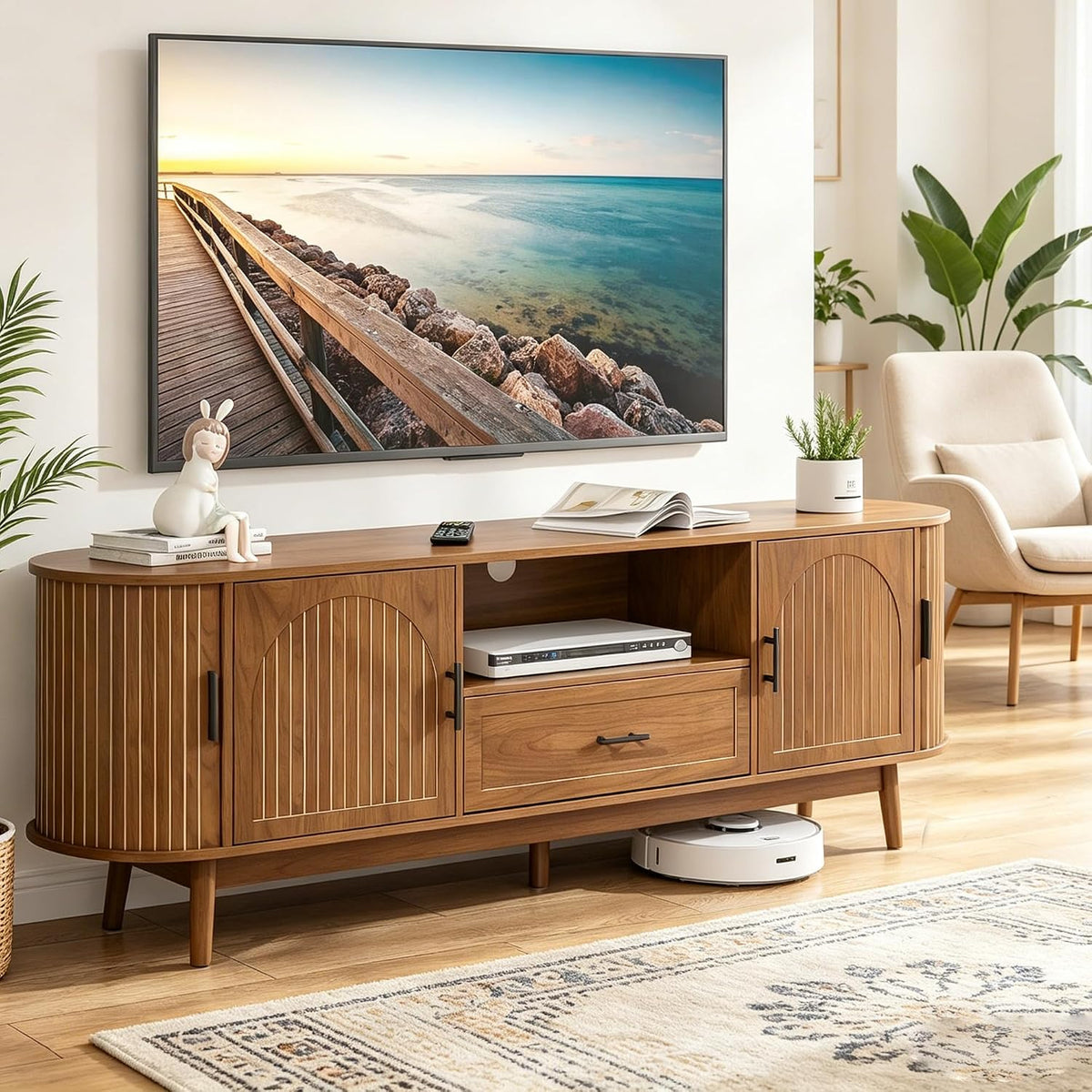 70" Fluted TV Stand for Tvs up to 80" Entertainment Center with Storage
