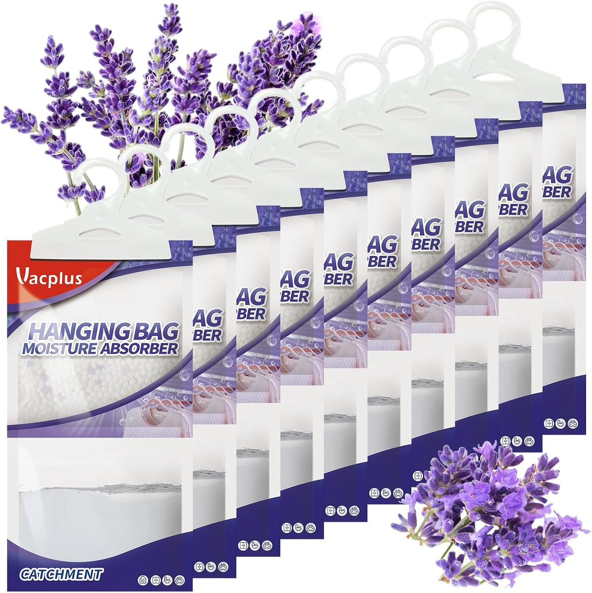 10 Pack, Vacplus Moisture Absorbers, Hanging Closet Dehumidifier Bags, Humidity Packs, Desiccant, with Linen Fragrance, 14.0OZ