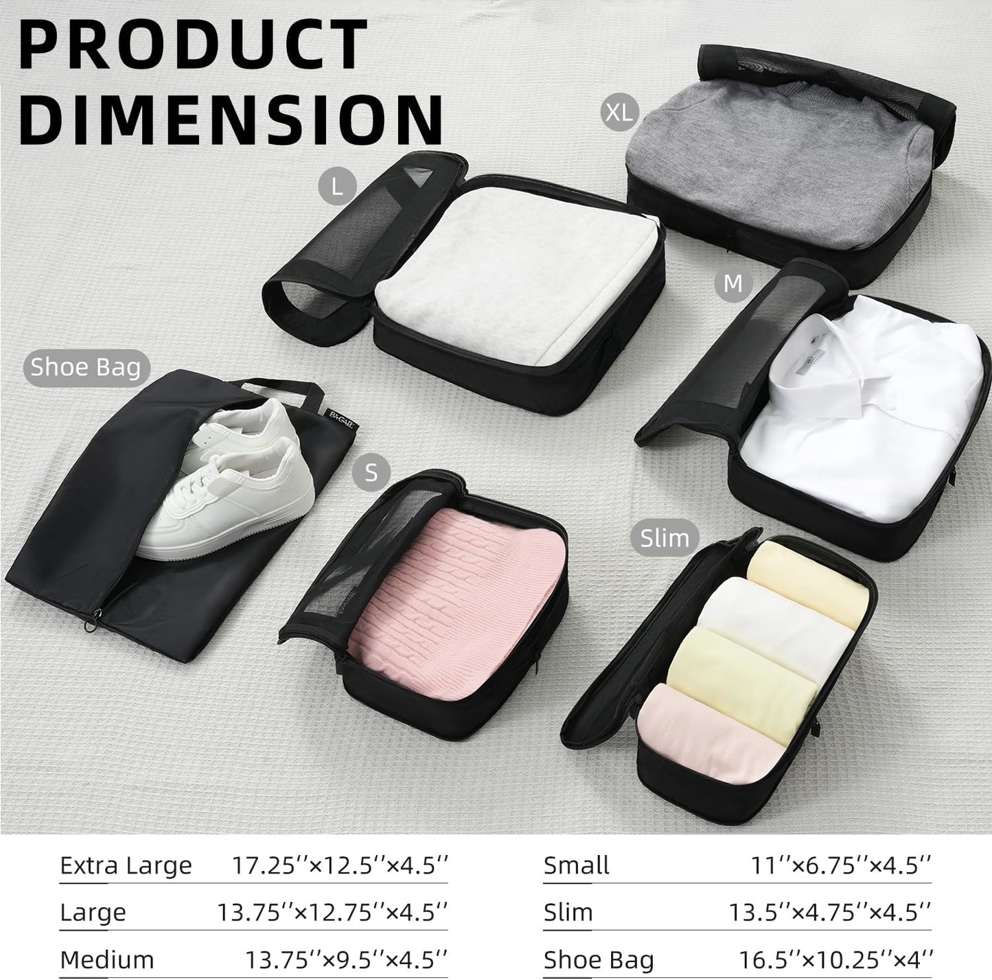 BAGAIL 4 Set/6 Set/8 Set Compression Packing Cubes Travel Accessories Expandable Packing Organizers (Square Mesh, 05-Jet Black)