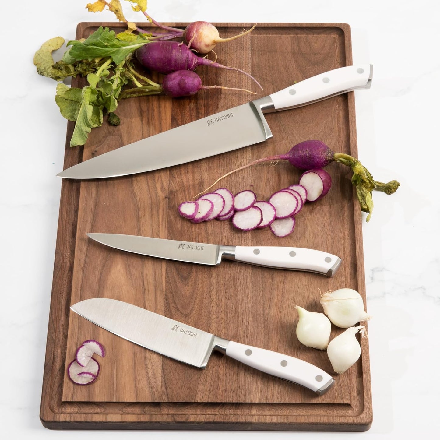 Yatoshi 15 Piece White Knife Block Set - Pro Kitchen Knife Set Ultra Sharp High Carbon Stainless Steel with Ergonomic Handle
