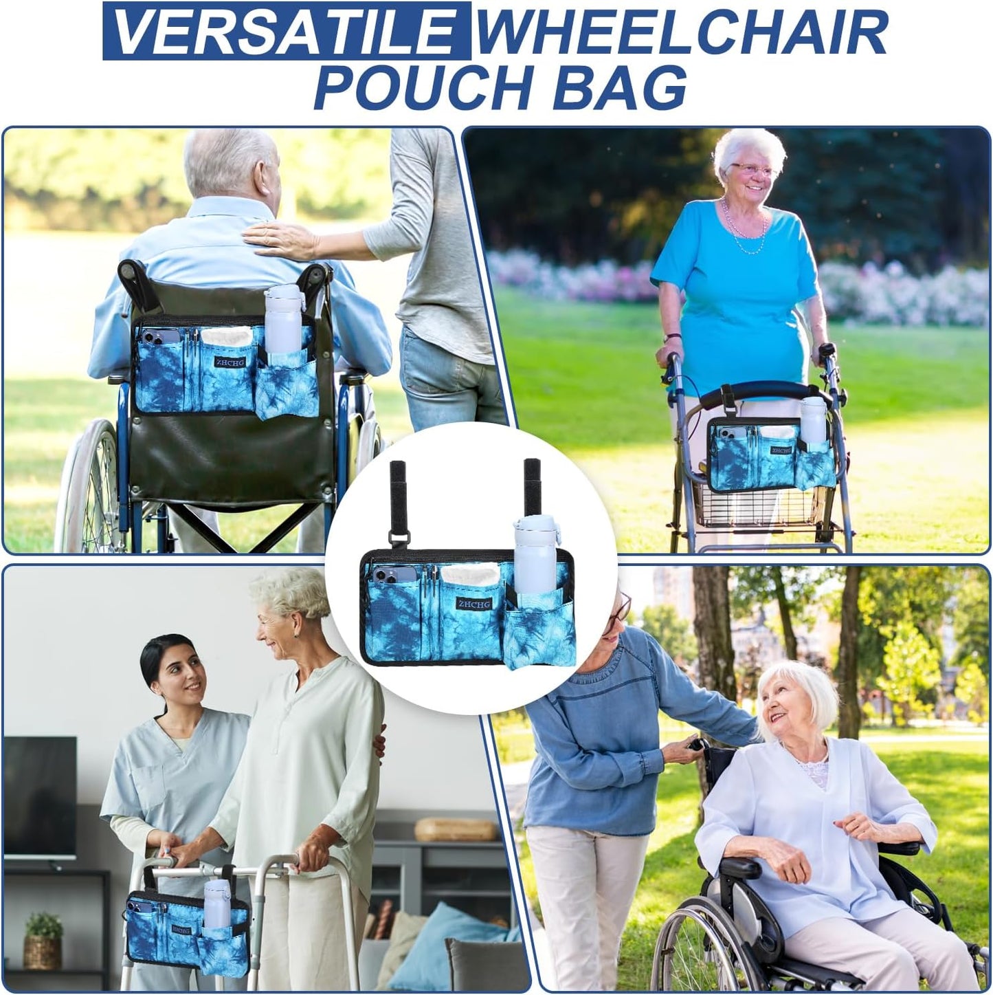 ZHCHG Wheelchair Side Bag with Cup Holder, Wheelchair Armrest Pouch Accessories for Walker, Rollator, Electric Scooter Wheelchairs, Ideal Gift for Mother's Day & Father's Day, Blue