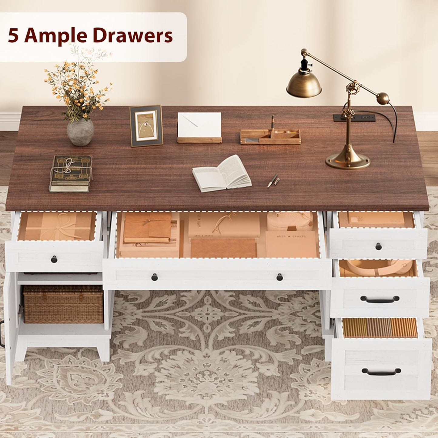GarveeHome Executive Desk with File Drawers, Farmhouse Home Office Desk with Charging Station, 60 in Wooden Computer Desk with Cabinet Storage for Work Study Writing, White Walunt