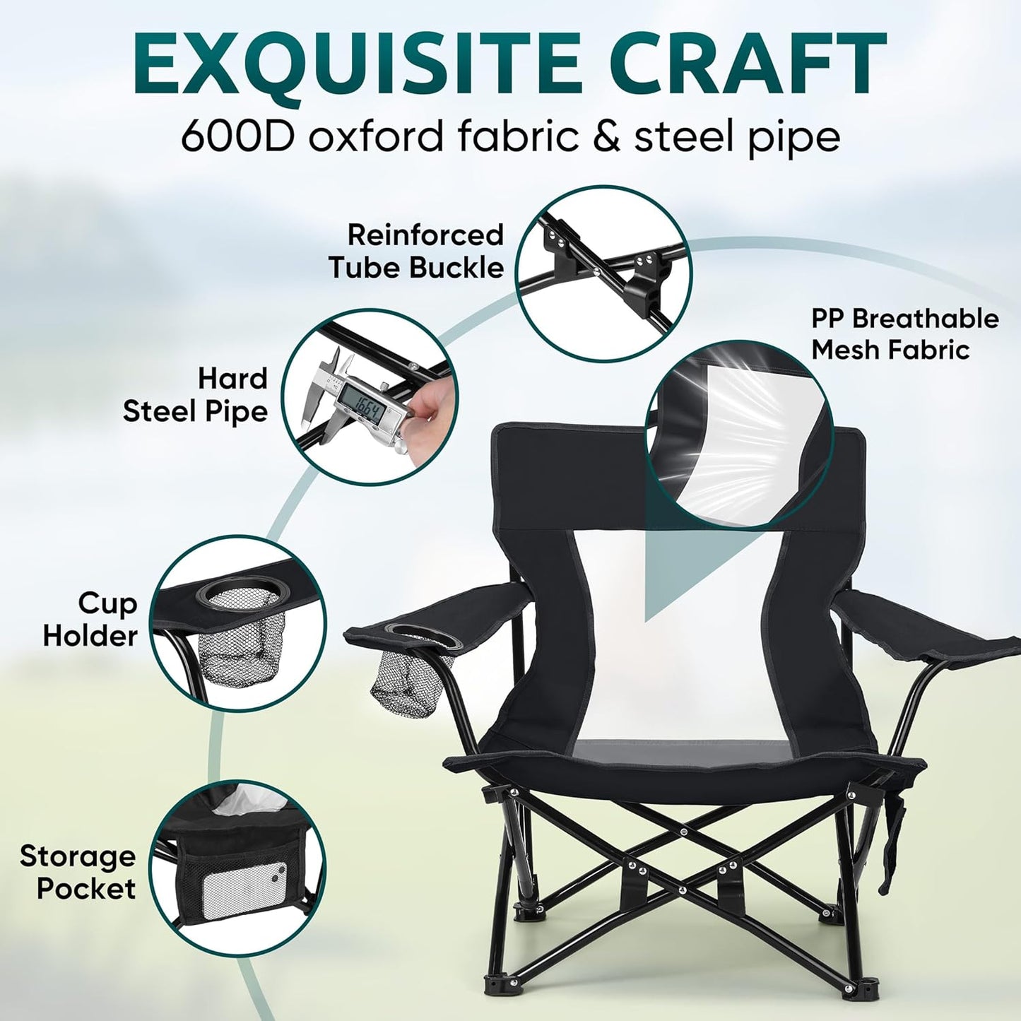HaSteeL Folding Beach Chair Set of 2, Foldable Black Camping Chairs for Outside, Low Beach Chair Portable for Adults Fishing, Picnic, Outdoor BBQ, Travel, Sports, Cup Holder & Storage Bag
