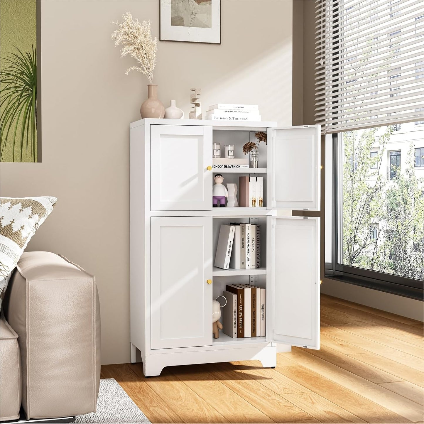 Metal Bathroom Storage Cabinet, Freestanding Pantry Floor Cabinet with 4 Doors and 2 Adjustable Shelves for Living Room, Dining Room, Kitchen (White, 43.3" H-4 Doors)