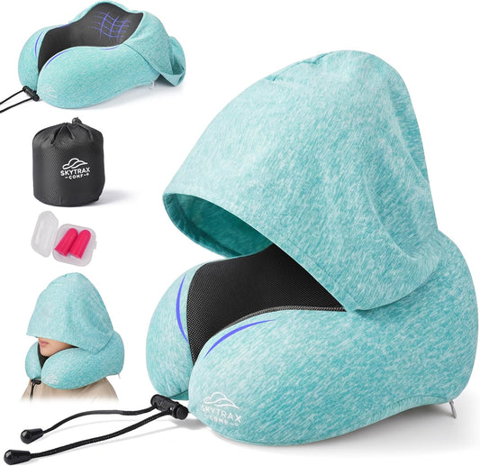 Travel Pillow with Extra Large Hood for Airplane Long Flights Privacy and Comfort Memory Foam with Skin-Friendly Cover for Road Trip Head&Neck Support for Plane Office Cars Sleeping & Rest (Mint Blue)