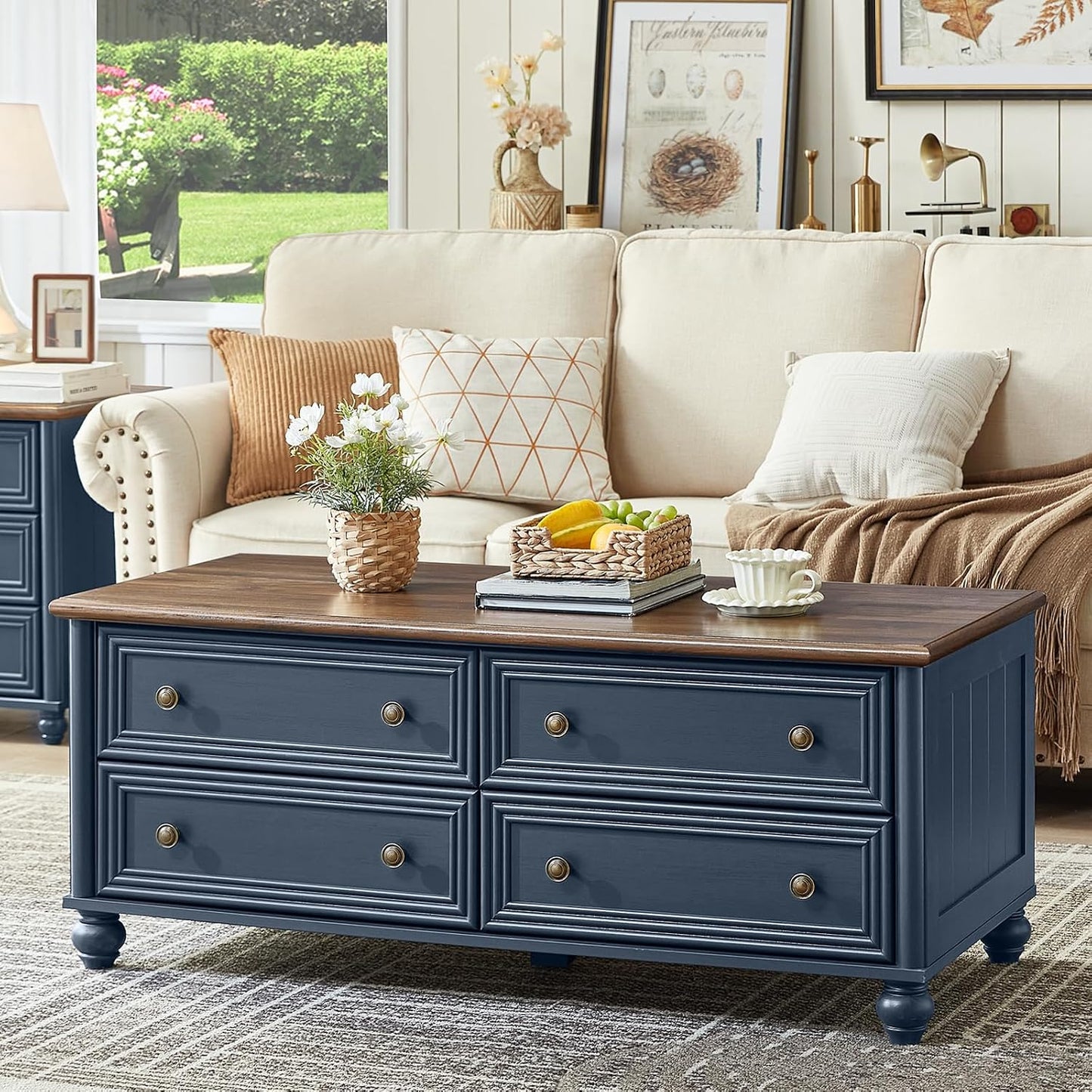 RWYHG 48" Farmhouse Blue Coffee Table, Center Table with 4 Drawers | High Capacity Hidden Storage, Smooth Roman Column Handles & Drawers, Solid Wood Sturdy Curved Legs, for Living Room,Office