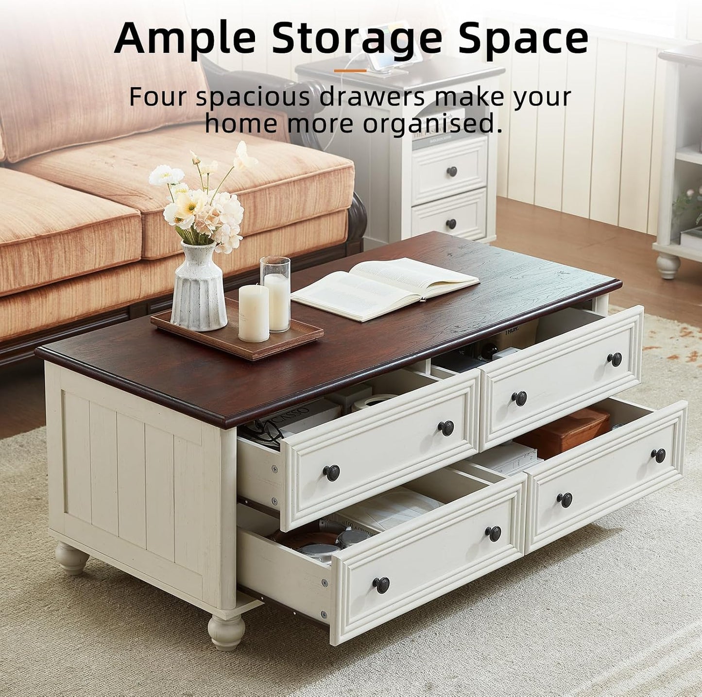 RWYHG 48" Farmhouse White Coffee Table, Center Table with 4 Drawers | High Capacity Hidden Storage, Smooth Roman Column Handles & Drawers, Solid Wood Sturdy Curved Legs, for Living Room,Office