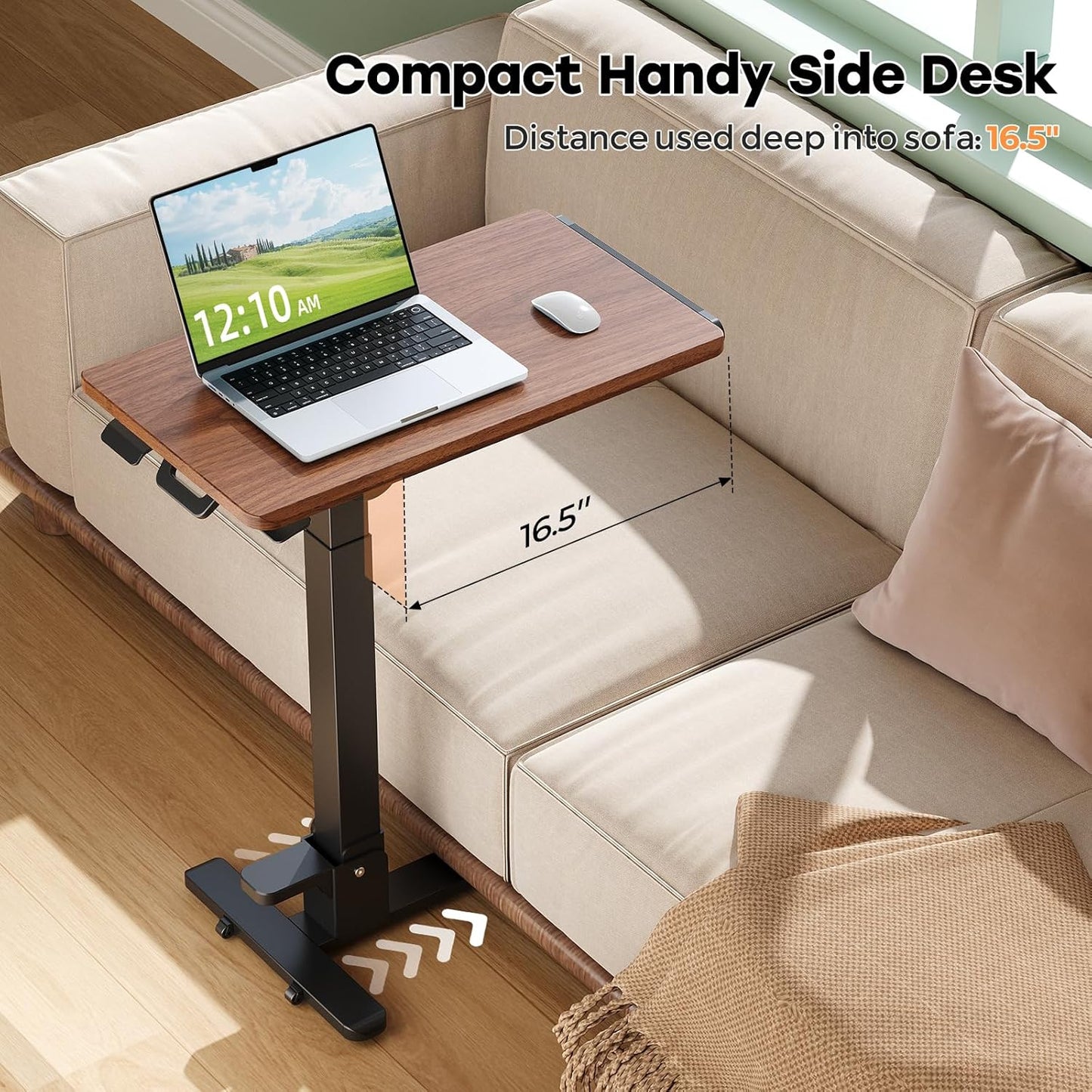 Foldable Mobile Standing Desk, 27 Inch Small Rolling Laptop Cart Height Adjustment, 90° Tiltable Bedside Table, No Assembly Needed Portable Computer Workstation, Dark Wood