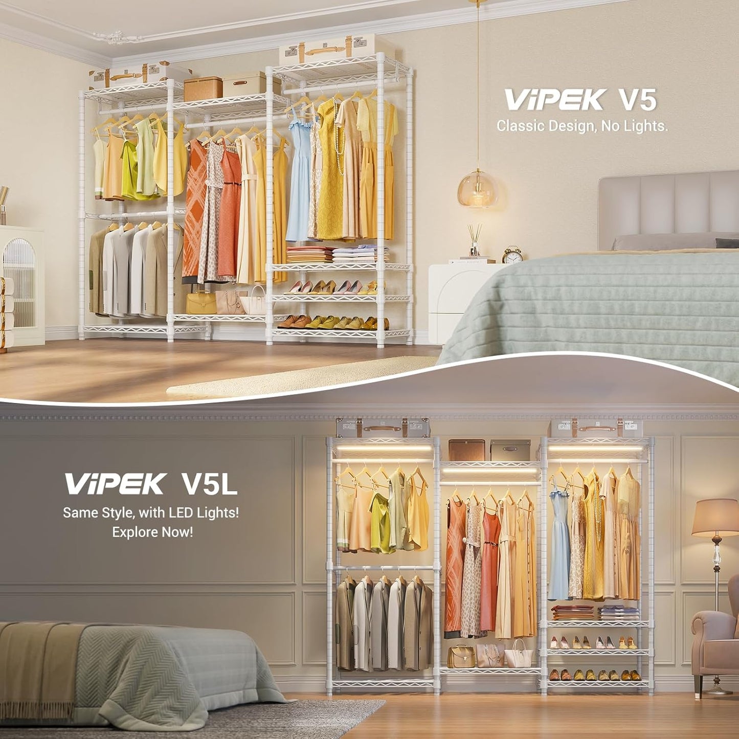 VIPEK V5 Portable Closet Wardrobe Heavy Duty Clothes Rack, Freestanding Clothing Racks with 4 Hang Rods & 8 Shelves, Adjustable Custom Closet Racks, 68.9" L x 15.7" W x 76.4" H, Max Load 890LBS, White
