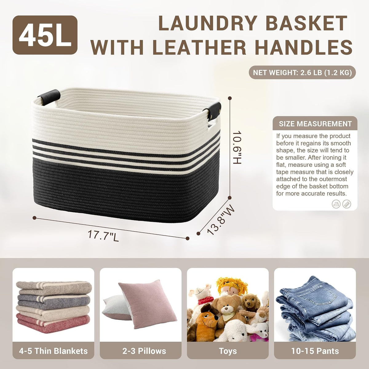45L Small Woven Laundry Basket Hamper with Leather Handles,Black