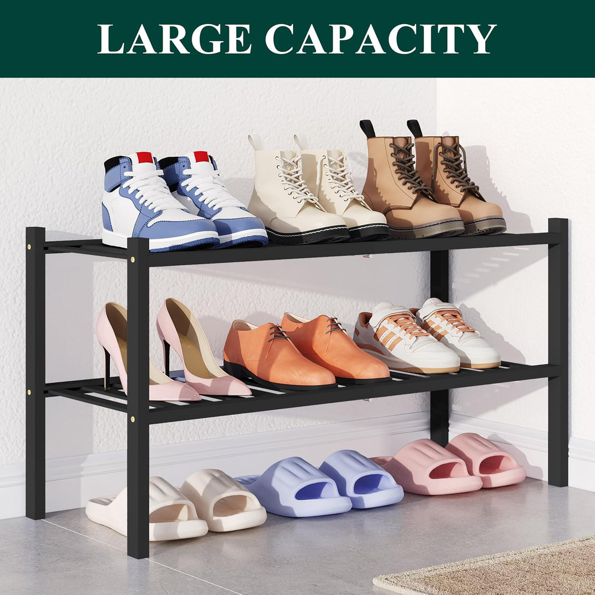 Smiry Bamboo Shoe Rack for Closet, 2 Tier - 26.77" Wide, Black