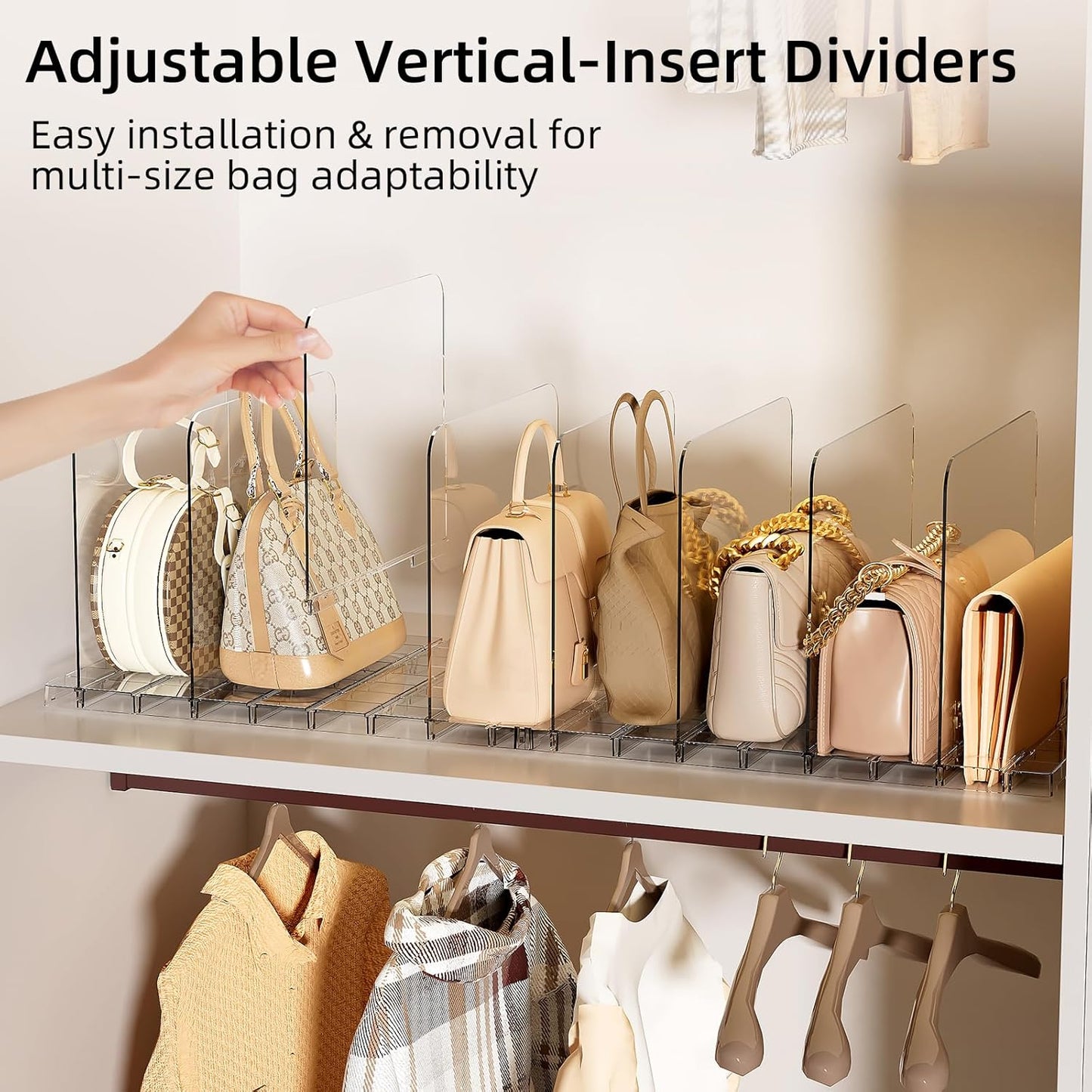 Stackable Bag & Purse Organizer for Closet Acrylic Shelf Dividers for Closet Organization, Clear Handbag Purse Storage Organizer Divider, Keep Clutch, Wallet, Pocketbook Upright, 6 Pack