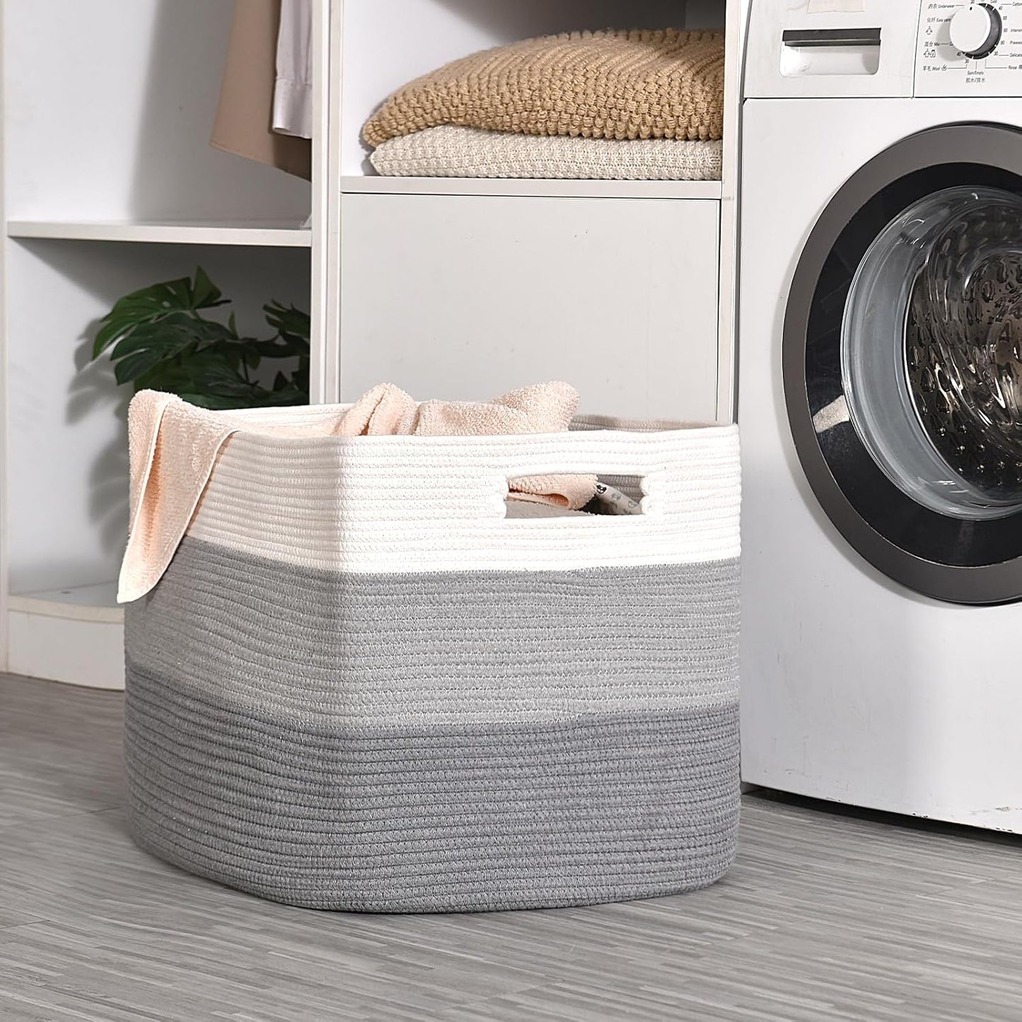 ICERZCZ Extra Large Blanket Basket Living Room, Rectangle Storage Basket, Large Woven Baskets for Storage, Cotton Rope Basket for Toys, Clothes, Gradient Grey - 25”x16”x16” (105L)