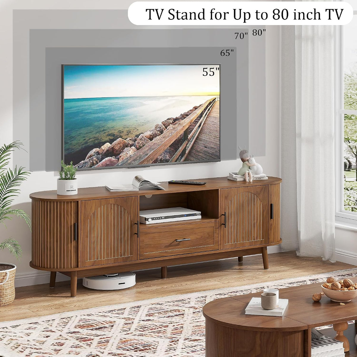 70" Fluted TV Stand for Tvs up to 80" Entertainment Center with Storage