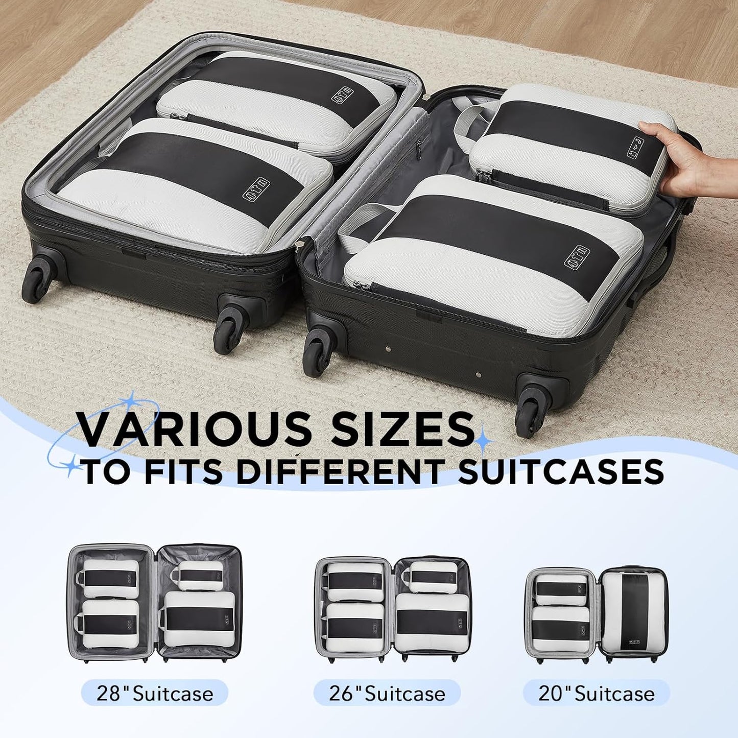 4 Set Compression Packing Cubes for Travel Essentials,Compressible Expandable Packing Cubes for Suitcase,OlarHike Luggage Garment Bags for Travel,Handy Helper for Organizing Clothes(Black)