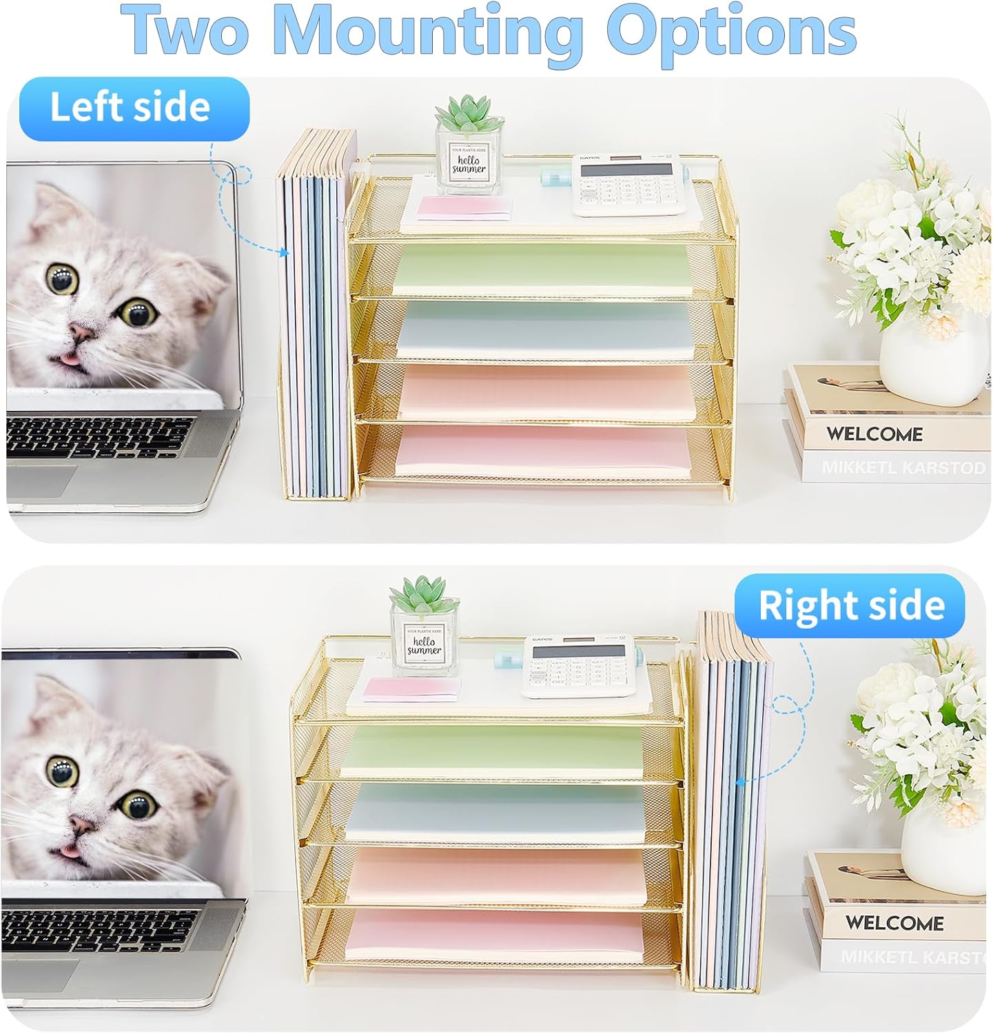 OPNICE Desk Organizer, 5-Tier Paper Organizer Letter Tray with Magazine Holder, Office Desk Accessories & Workspace Organizers, Desktop File Organizer for Office Supplies Storage, Gold