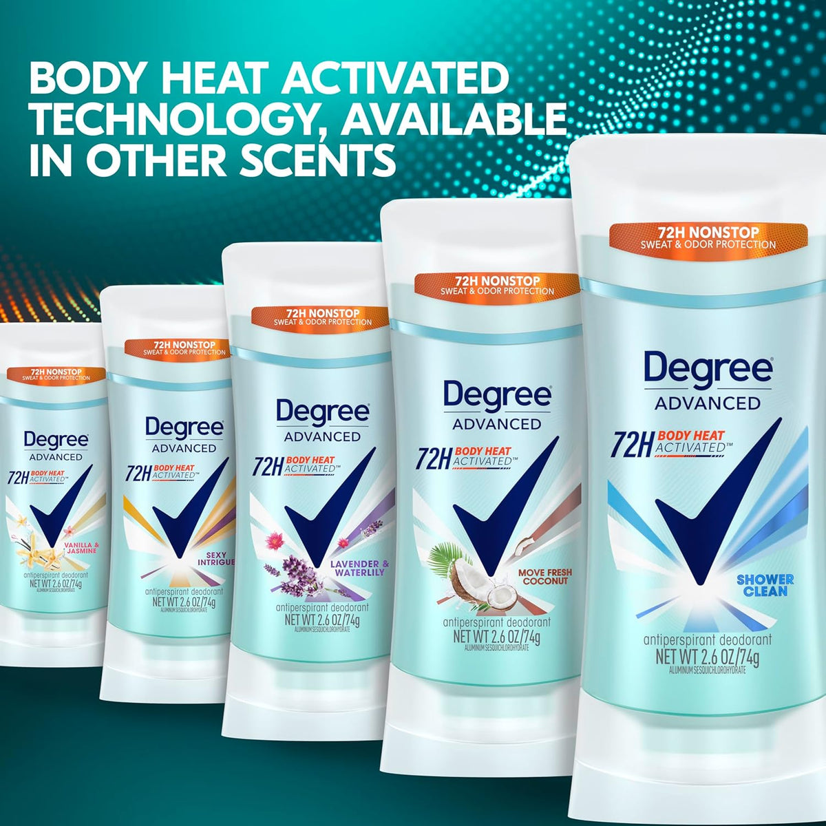 Degree Advanced Antiperspirant Deodorant 4 count 72-Hour Sweat & Odor Protection Shower Clean Antiperspirant for Women with MotionSense Technology 2.6 oz