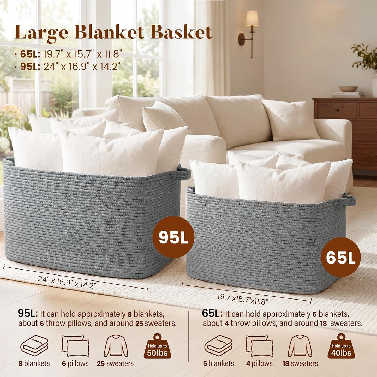 65L Large Woven Blanket Basket for Living Room, 19.7"x15.7"x11.8" | Nursery Laundry Hamper with Handle for Organizing Blankets, Pillows, Toy Storage With Handle, Large Baskets for Organizing