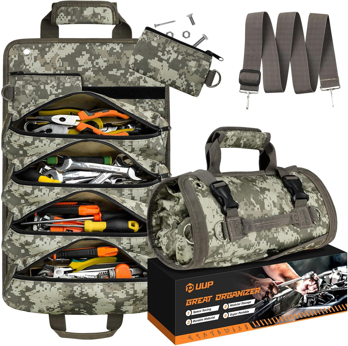 Tool Bag Roll Up, UUP Heavy Duty Portable Soft Tool Storage, Foldable Empty Rollup Organizer with Small Pockets, Official Rollable Toolbag, Father Day Gifts for Him Dad Men Mechanic Welding, Green