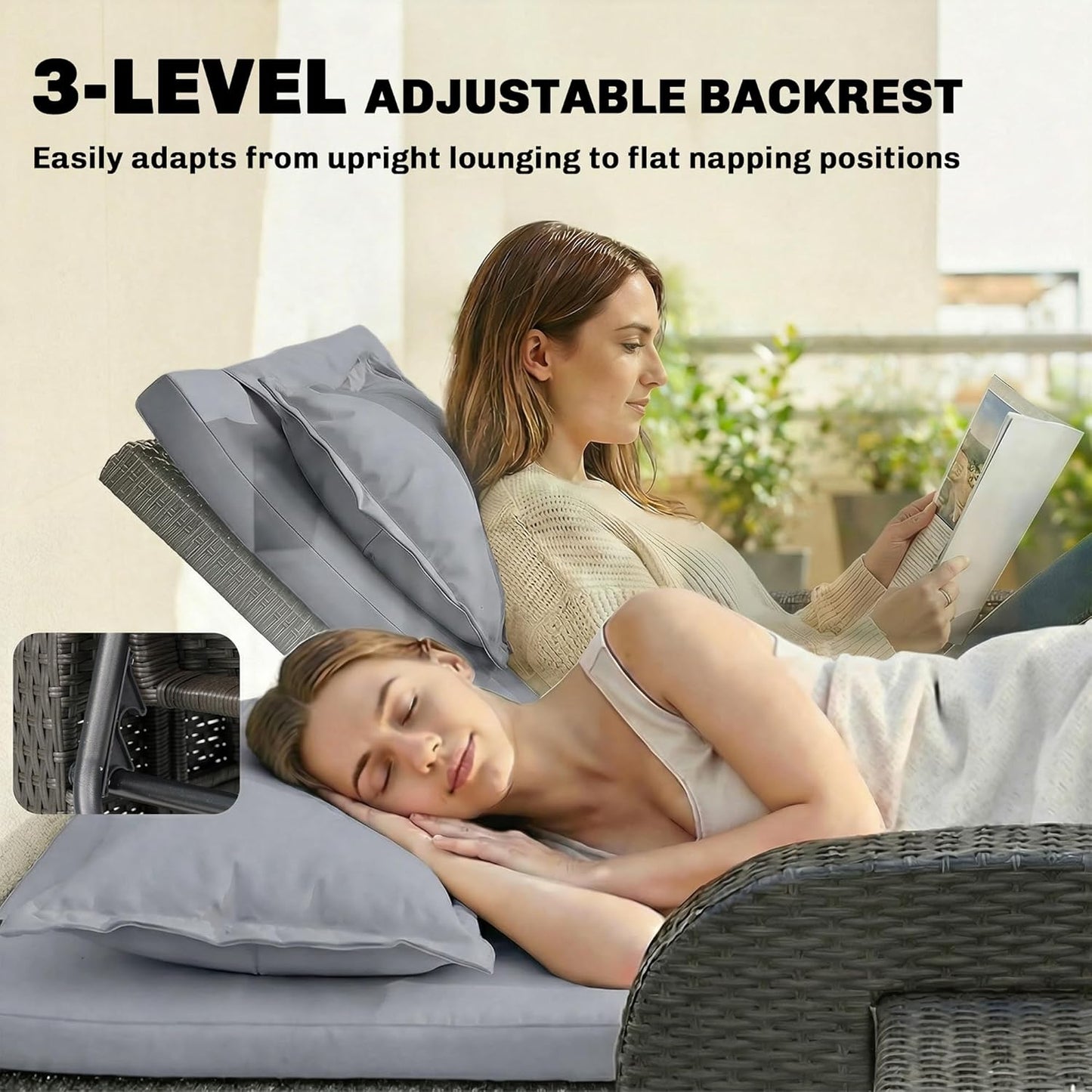 Outsunny Patio Rattan Daybed, Wicker Outdoor Daybed with Storage Ottoman, Loveseat Sofa with Adjustable Backrest, Side Tables, Cushions, Headrests, Double Sunbed Lounger for Balcony, Gray