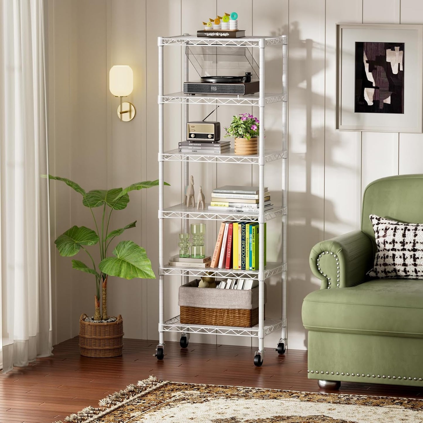 SINGAYE 6 Small Shelf Storage Wire Shelves Closet Bathroom Organizers Metal Pantry Kitchen Garage Shelving Unit Laundry Room Organization Home Narrow Rack Net Basket with Wheels White
