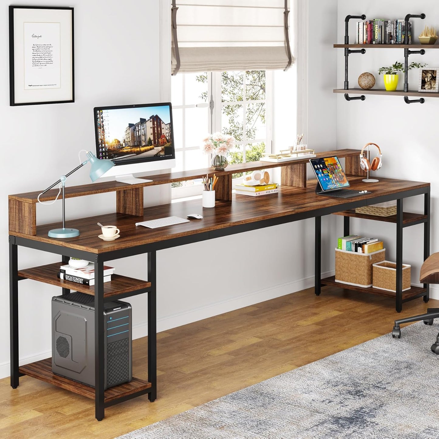 Tribesigns Two Person Desk with Monitor Stand, 78.74" Long Double Computer Office Desk with Storage Shelves, Large Gaming Study Writing Table Workstation for Home Office (Rustic Brown)