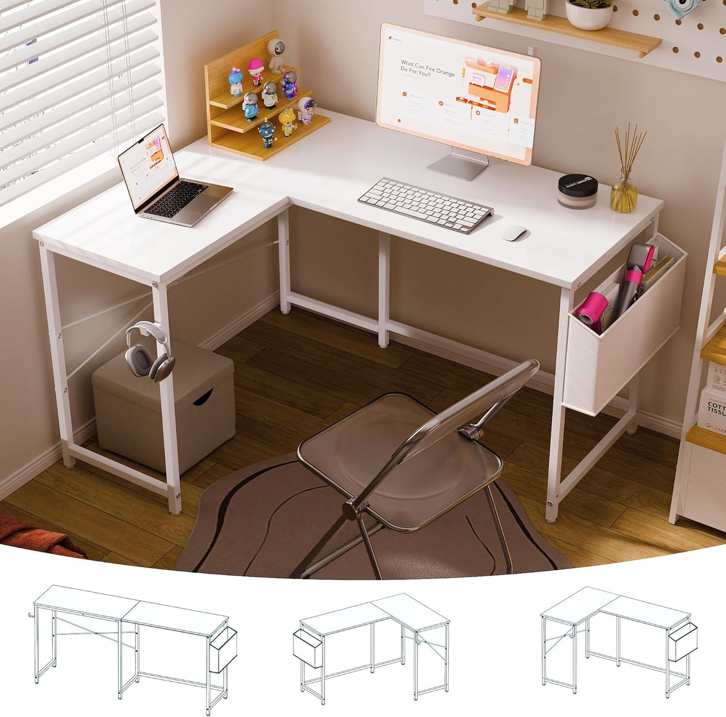 Pamray 64.5 Inch Reversible L Shaped Gaming Desk Large Corner Computer Desk with Storage Bag Home Office Table for Writing Study Vintage
