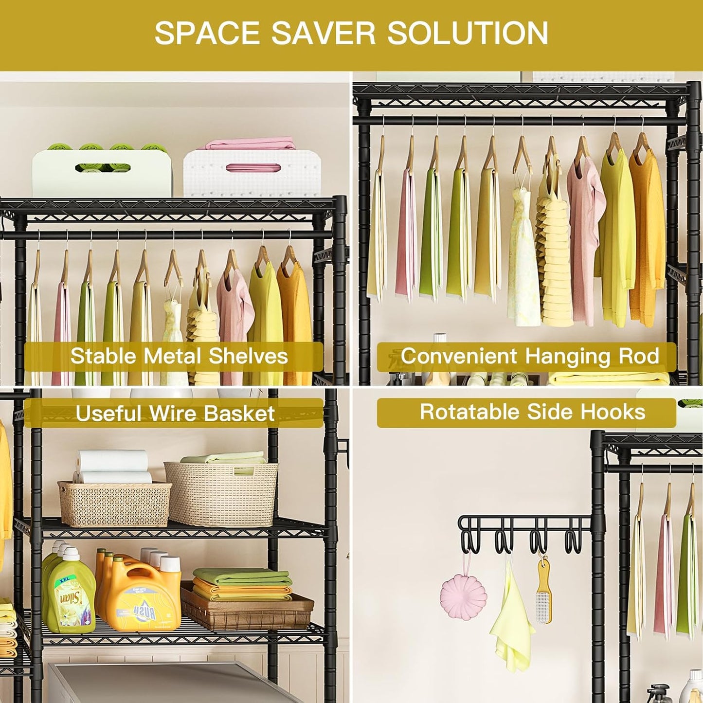 Ulif 65.3" W x 13.4" D x 77.5" H Clothes Drying Rack, 5 Tiers Over Washer and Dryer Laundry Room Storage and Organizer, Heavy-Duty Space Saver, Black