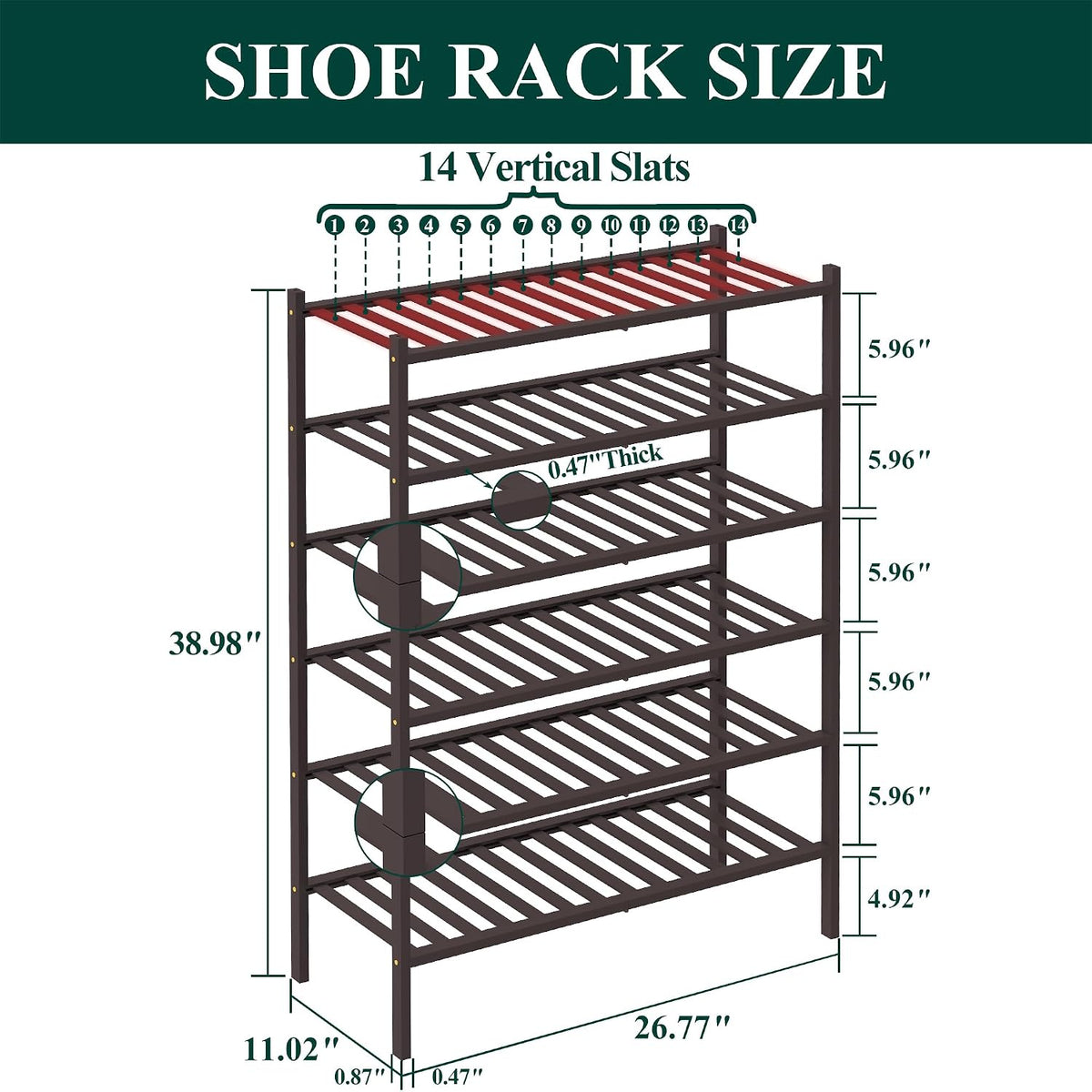 Smiry Bamboo Shoe Rack, 12 Vertical Slats, 6 Tier - 26.8" Wide, Brown