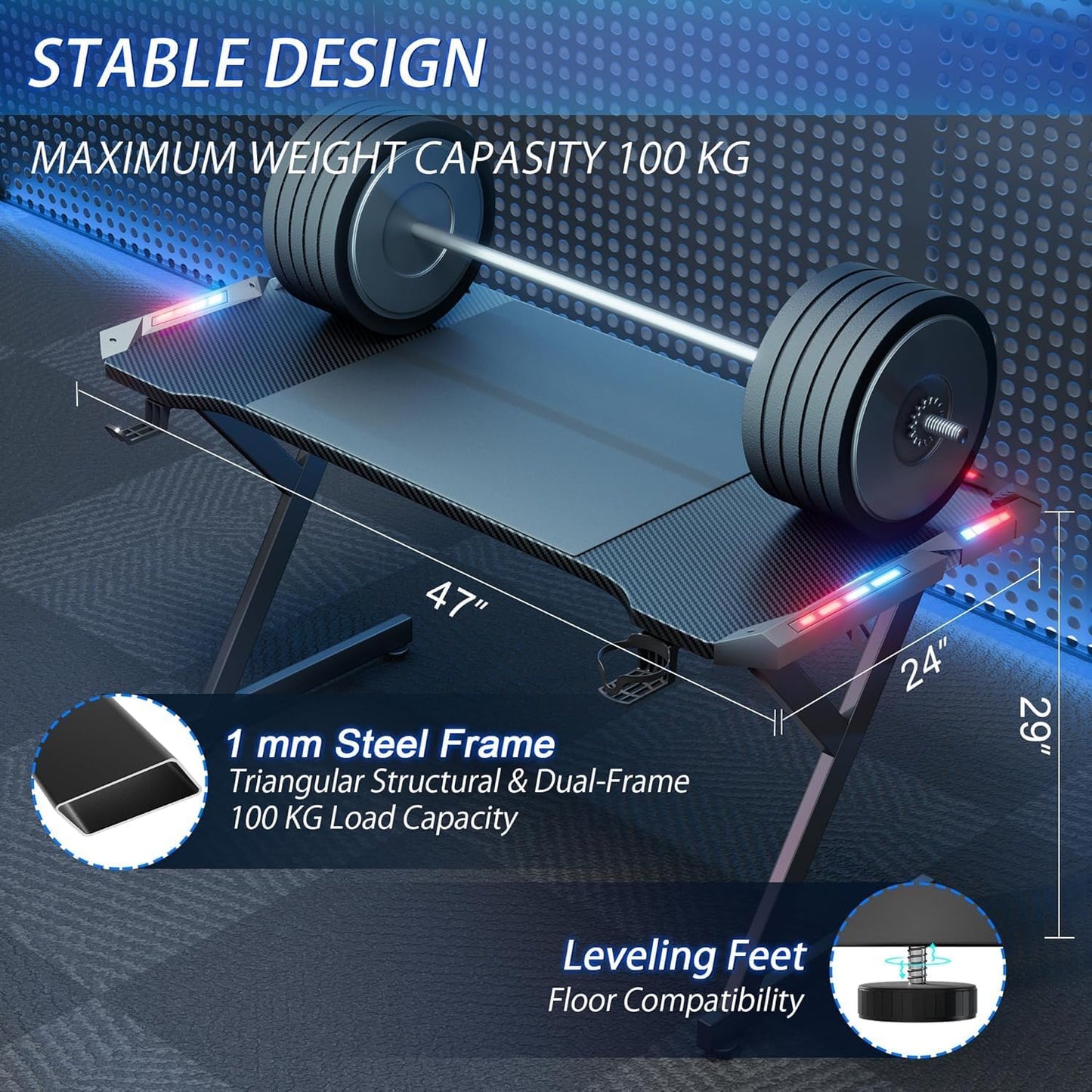 HLDIRECT 47 Inch Gaming Desk with LED Lights, Ergonomic Computer Gaming Table with Carbon Fibre Surface, Sturdy PC Workstation Desk for Home Office with Headphone Hook, Cup Holder, Black