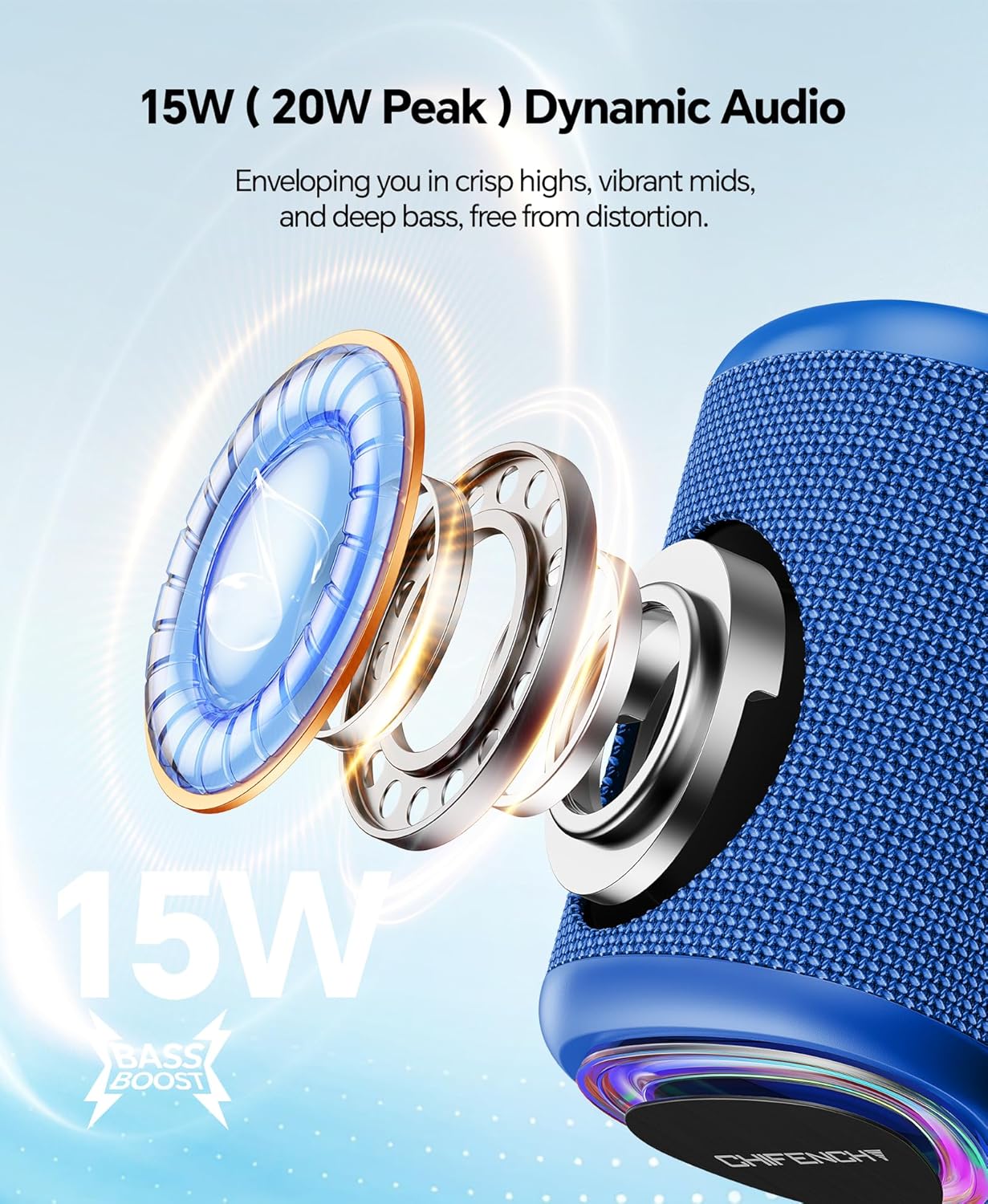 Portable Bluetooth Speaker Beach Essentials: Powerful Crystal Clear Sound/Dynamic Light/IPX5 Waterproof/All Day Playtime/Wireless BT 5.3/TWS Paring, Dad Gifts, Outdoor|Travel|Camping|Pool Accessories