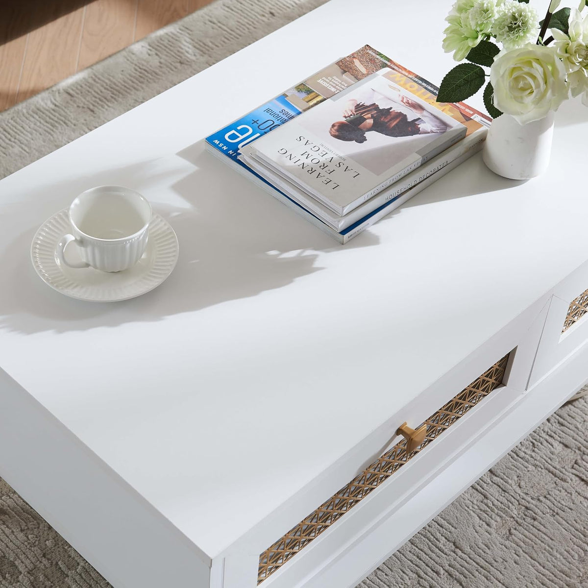 Wooden Mid Century Modern Coffee Table, Retangle Accent Center Table with Two Drawers, Coffee Tables for Living Room, White