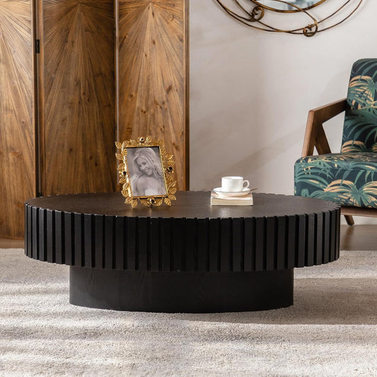 Black Oval Fluted Coffee Table for Living Room (43" Oval Black) | Handcrafted Relief, Wood Drum Coffee Table, for Office Outdoor