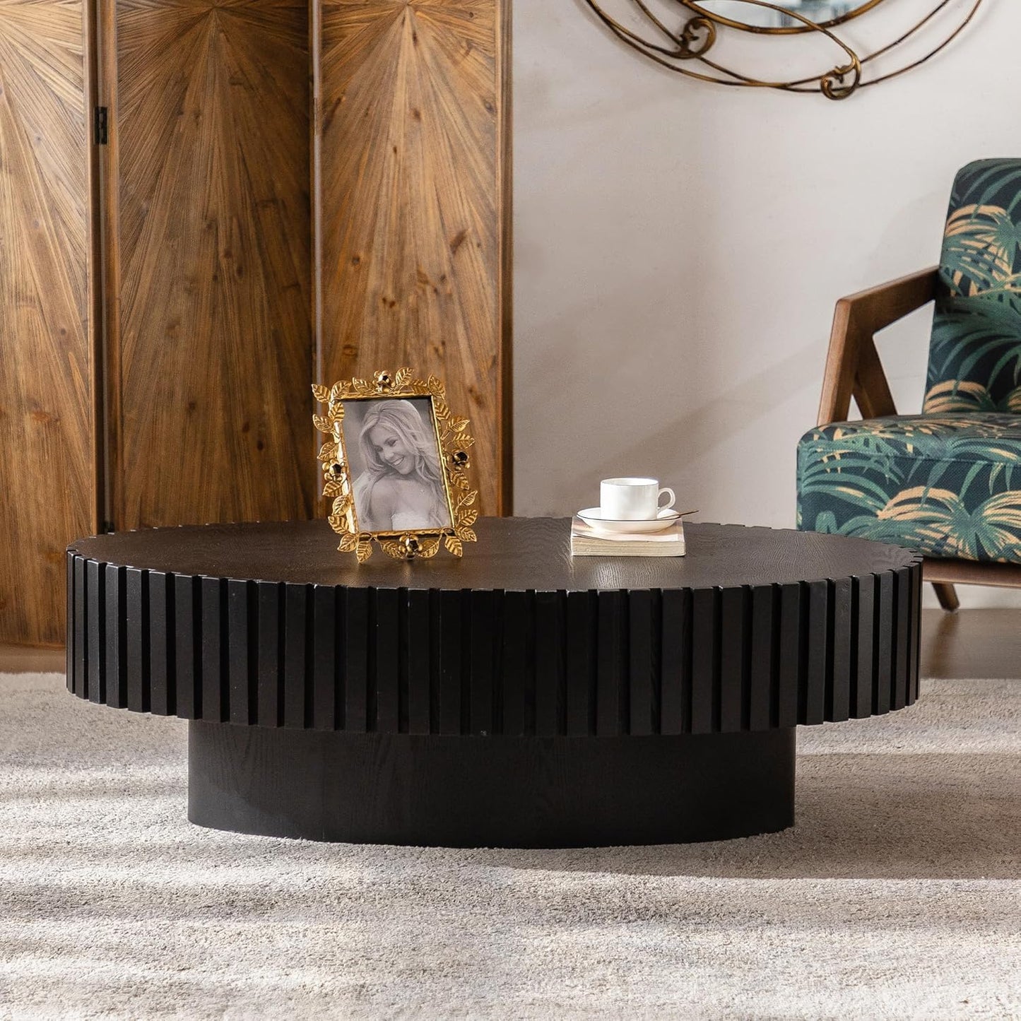 43.3in Oval Fluted Coffee Table (Oval Black 43.3in) | Drum Coffee Tables for Living Room | Modern Pedestal Center Table