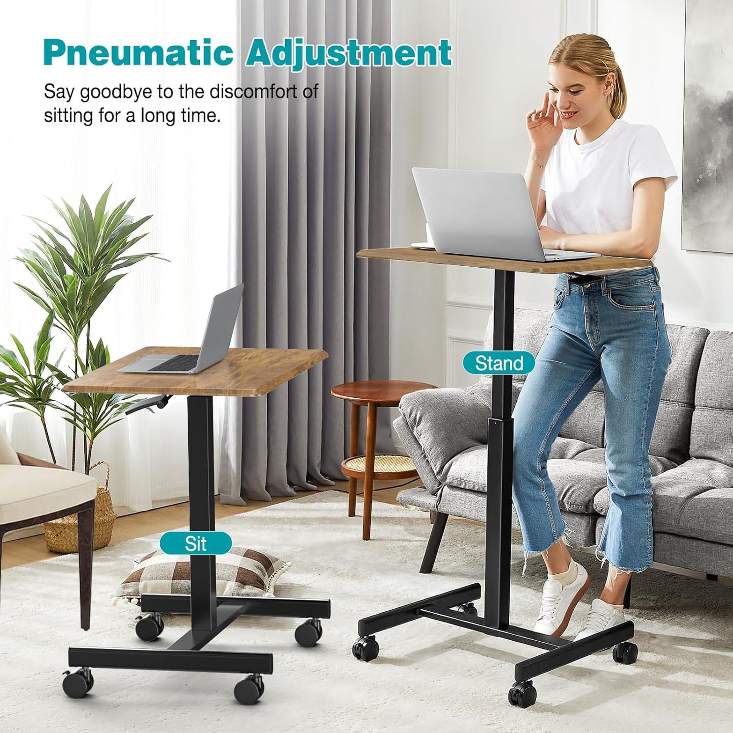 DUMOS Small Standing Desk Mobile Portable Rolling Laptop PC Table on Wheels Adjustable Height Computer Workstation for Home Office, 19 Inch, Modern Brown
