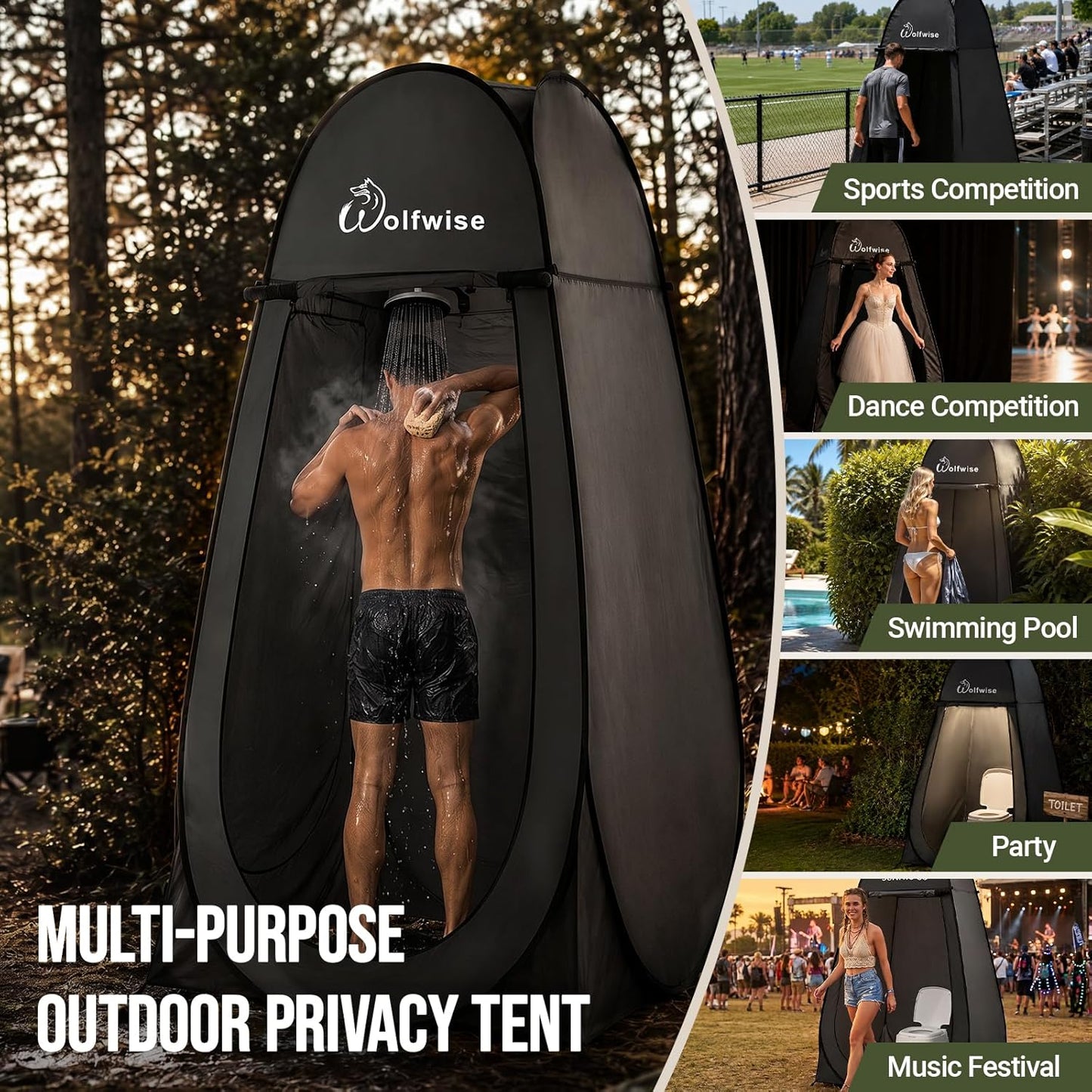 Wolfwise Pop Up Shower Tent for Camping Essentials, Portable Instant Changing Tent with Ventilation Window & Carry Bag, Privacy Dressing Room Bathroom Toilet for Beach & Outdoor, Standard, Black
