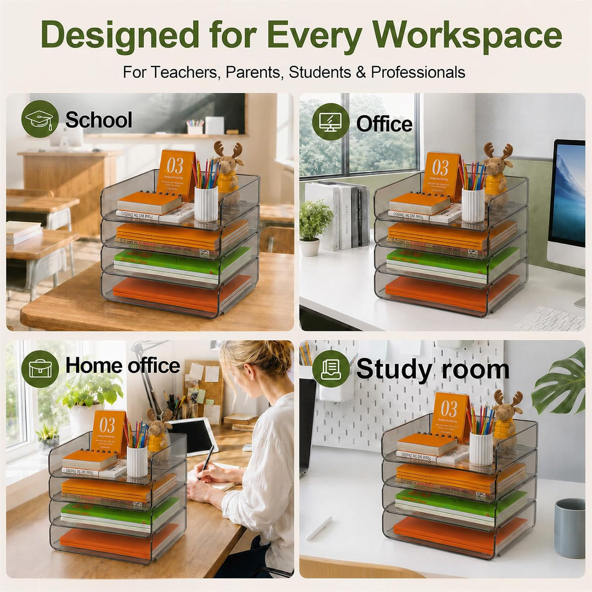 FANXIYQ 4-Tier Acrylic Paper Tray Organizer Brown Stackable Paper Organizer