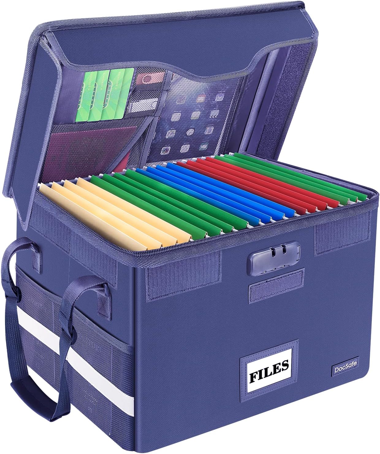 DocSafe Fireproof Document Box with Lock, File Storage Organizer with Mesh Pockets, Collapsible Portable File Box Home Office Safe Filing Cabinet with Handle for Hanging Letter/Legal Folder, Blue