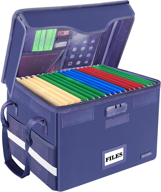 DocSafe Fireproof Document Box with Lock, File Storage Organizer with Mesh Pockets, Collapsible Portable File Box Home Office Safe Filing Cabinet with Handle for Hanging Letter/Legal Folder, Blue