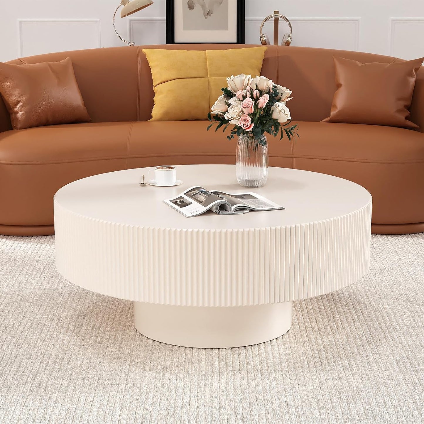 White Round Fluted Coffee Table for Living Room (Ivory White Thick Desktop) | Handcrafted Relief Edges, Mid Century Modern, Circular Drum Coffee Table, Center Tables for Office Outdoor