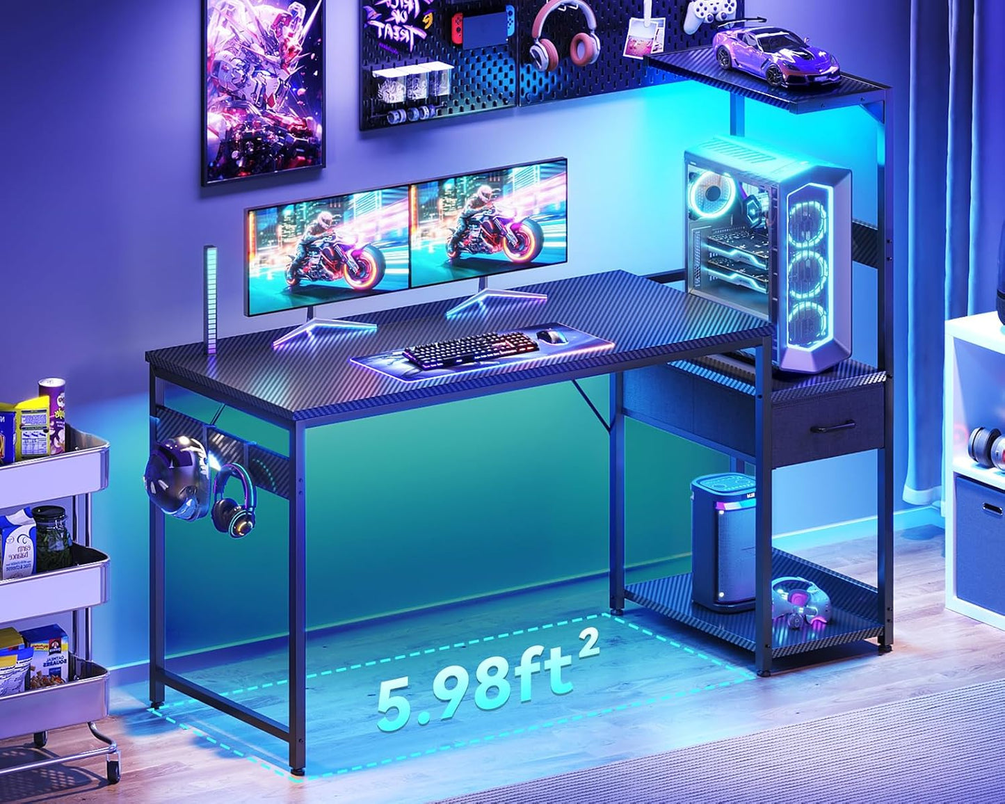 Casaottima 54'' Gaming Desk with LED Lights & CPU Stand, Reversible Computer Desk with Storage Shelves & Fabric Drawer, Modern PC Gamer Table with Headphone Hook, Carbon Fiber Black