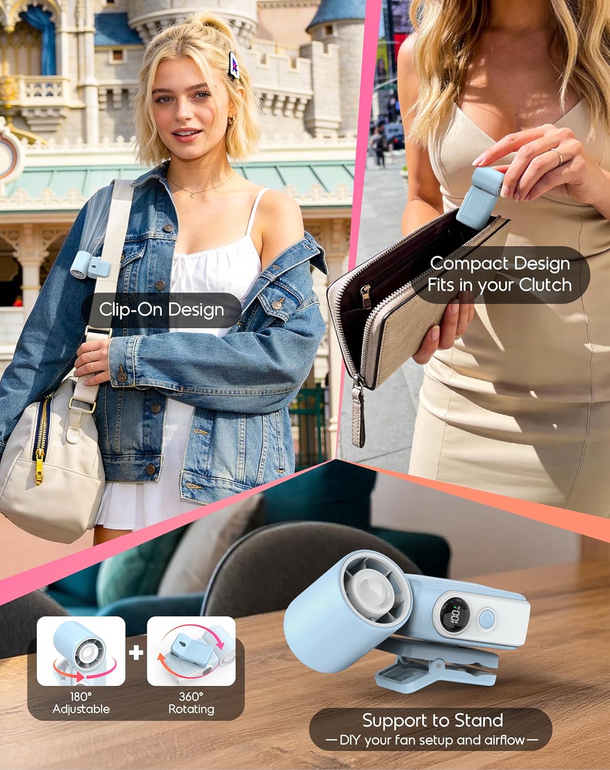 Portable Clip on Mini Fan, USB Rechargeable Handheld Fan with 4 Gear Wind, 5000mAh Battery, 180° Rotate Pocket Fan Design Cooling Gadgets for Travel/Camping/Concerts/Lash, Gifts for Women Men(Blue)