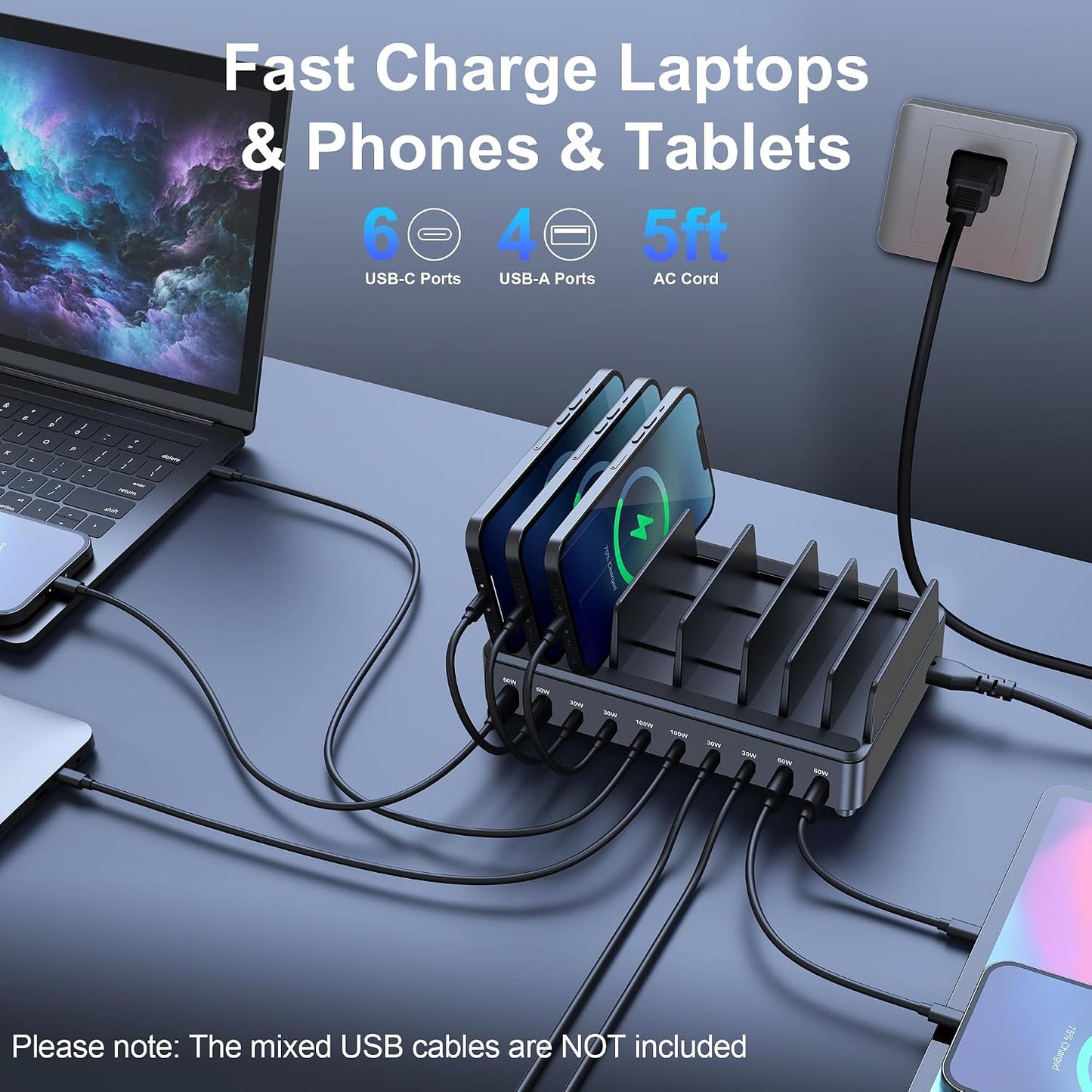 chipofy 500W Charging Station for Multiple Devices with Stand | 10-Port Multi USB C Fast Charger, with Organizer Stand, for MacBook Laptop, iPad, iPhone 17 16 Pro Max, Galaxy S25/S24
