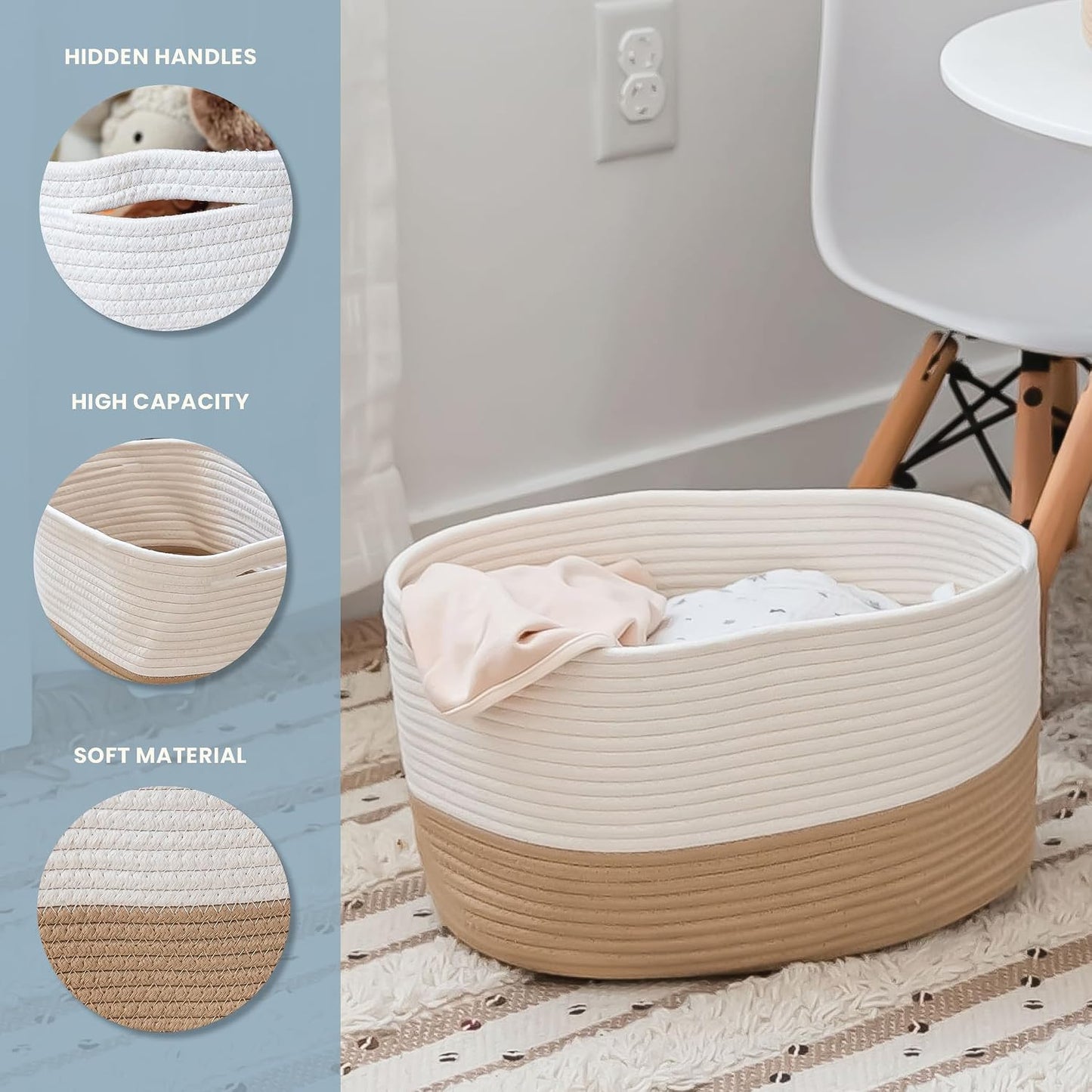 OrganiHaus Cotton Rope Basket for Shelf Storage, 15x9x10 | Handwoven; a toy bin and organizer for towels, books, or blankets; fits nursery, playroom, or bedroom decor