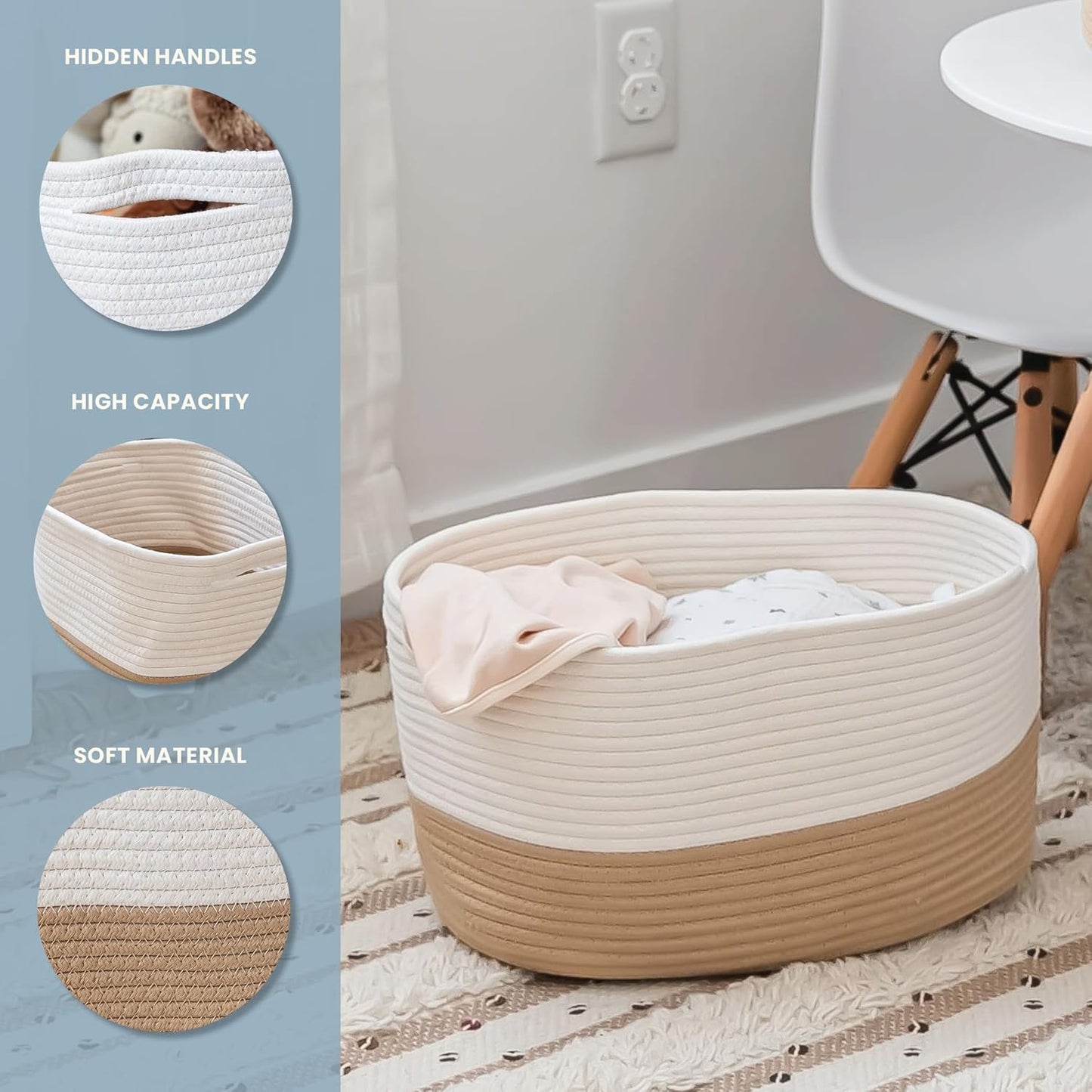 OrganiHaus Cotton Rope Baskets for Shelves, Set of 3, 15x9x10 | Handwoven; a toy bin and organizer for towels, books, or blankets; fits nursery, playroom, or bedroom decor