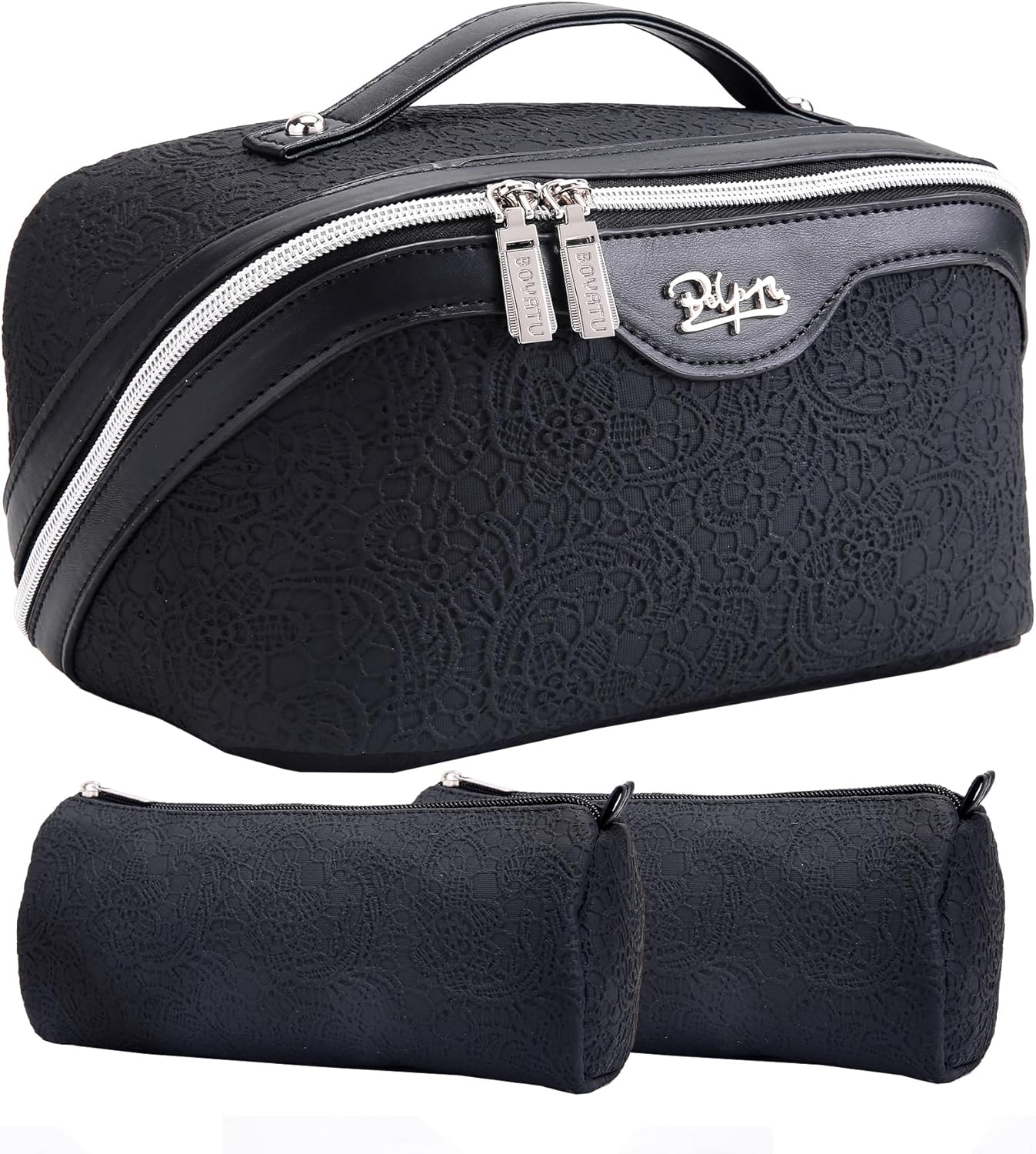 BOYATU Travel Makeup Bags Cosmetic Organizer Bag: 3-Set Large Capacity Make up Bag - PU Leather Toiletry Bags for Women - Wide Open Portable Pouch with Divider & Handle (02-Light Brown)