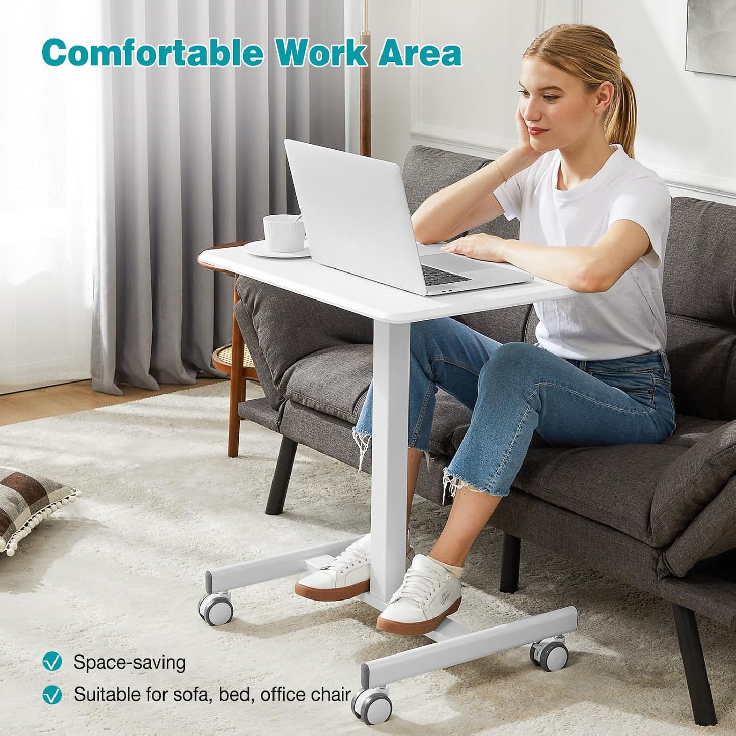 DUMOS Small Rolling Desk Mobile Standing Portable Laptop PC Table with Wheels Adjustable Height Computer Workstation for Home Office, Space Saving Desk for Bedroom Study Use, White