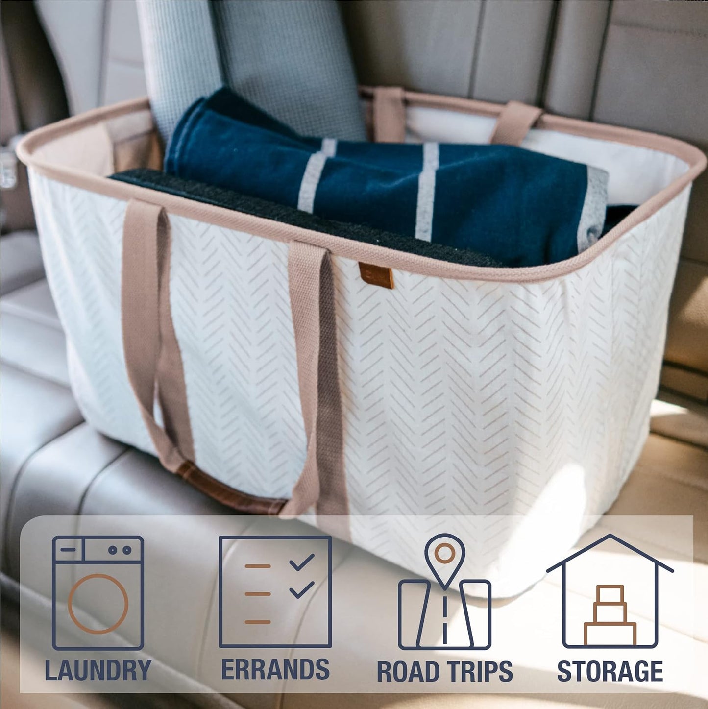 CleverMade Collapsible Laundry Tote LUXE, 50L Carry-All Tote, 2 Pack, Mocha | Bring a Polished Look to Laundry Day | Cotton-Blend Fabric and Vegan Leather Pair with Long Handles and 55 lb Support