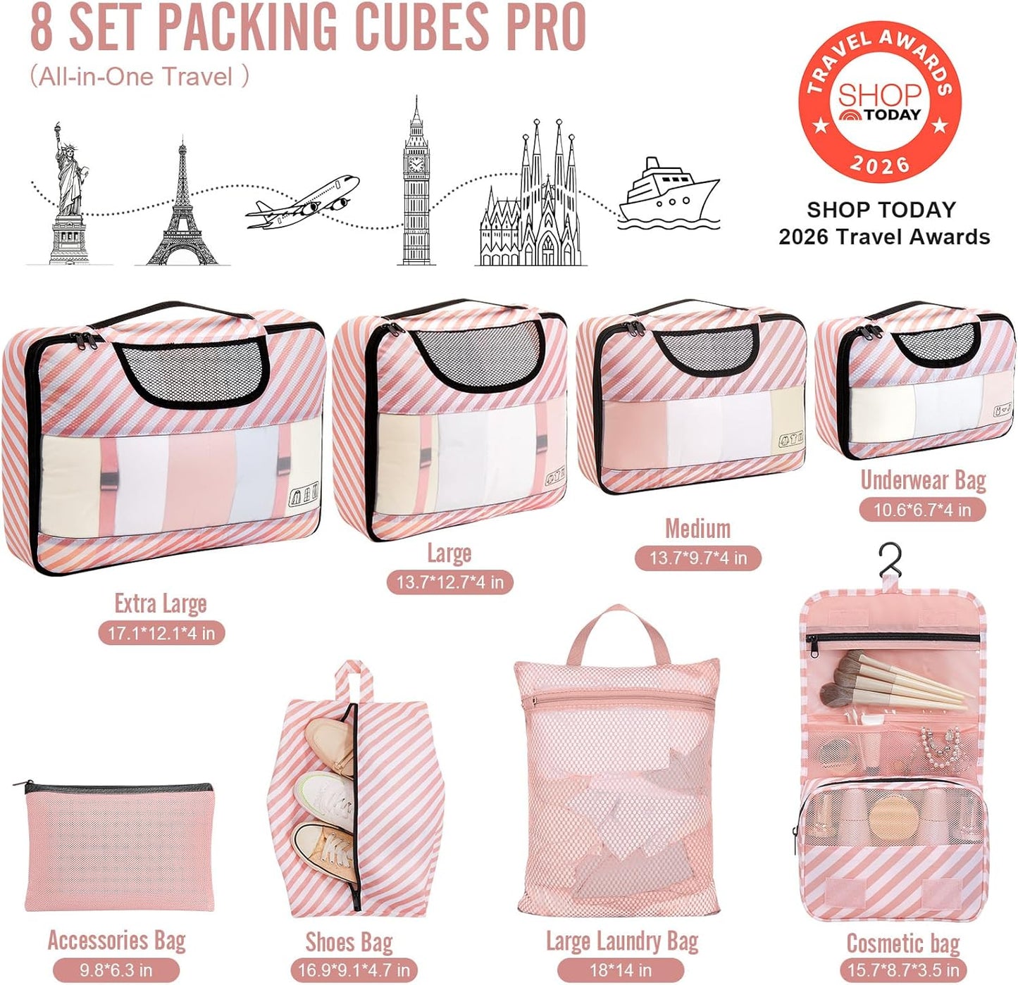 Veken 8 Set Packing Cubes for Travel Essentials, Suitcase Organizer Bags in 4 Sizes, Carry-On Luggage Accessories with Laundry Bag, Airplane Must Have, Gifts for Women Men