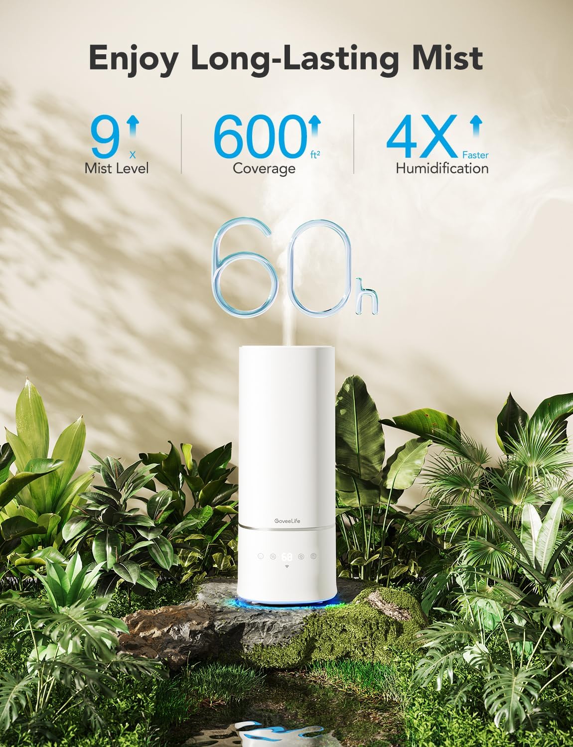 GoveeLife Humidifiers for Bedroom, 6L Top Fill Cool Mist Humidifier for Large Room, Auto Mode, Adjustable Mist, Quiet Sleep Mode, WiFi Smart Air Humidifier with RGB for Baby, Plants, Work with Alexa